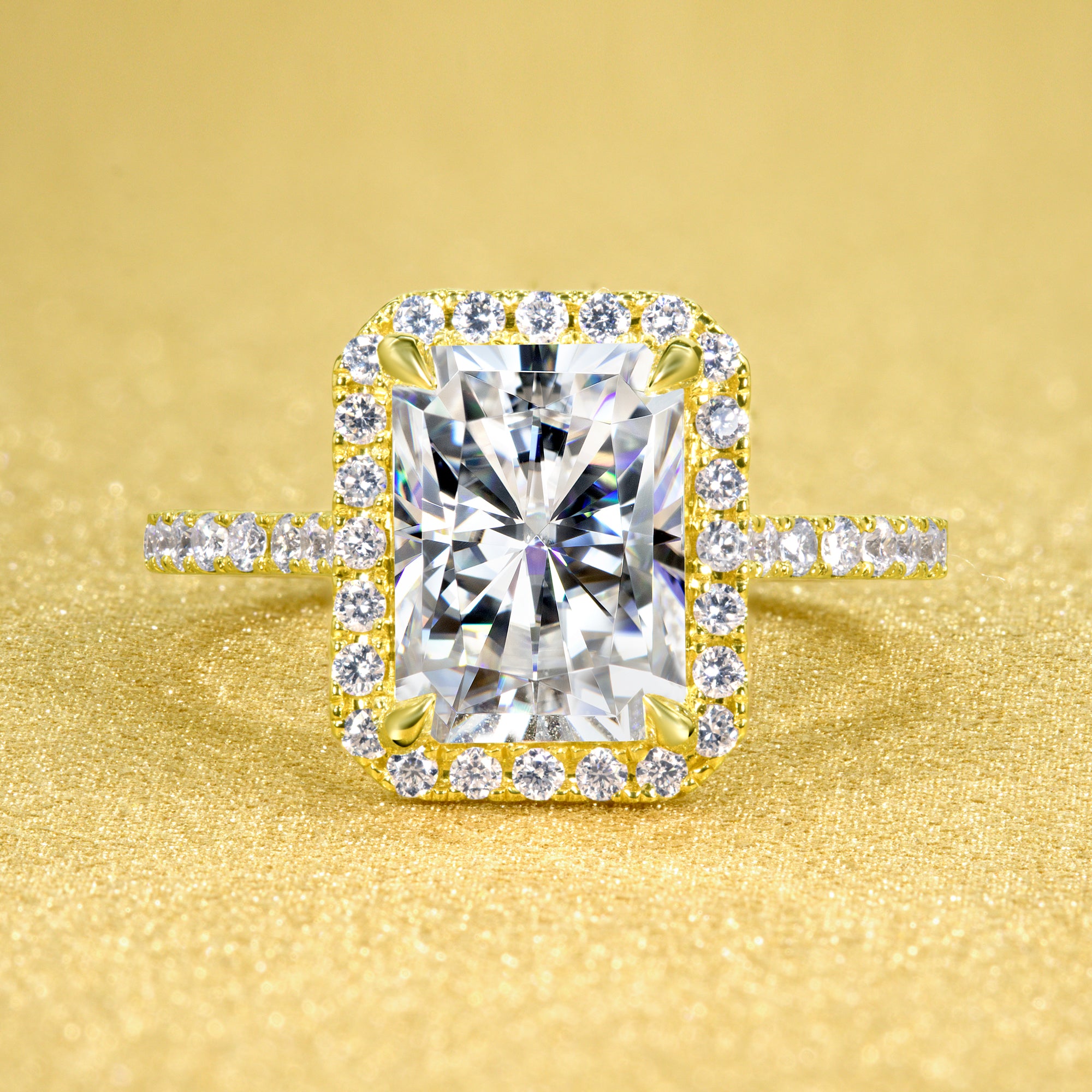 Classic Emilia 2.7ct Radiant-cut Moissanite Halo Diamond Bridge Cathedral Style Engagement ring in 14K Gold, 18K Gold, or Platinum handcrafted in Beverly Hills by Earthena Jewelry.