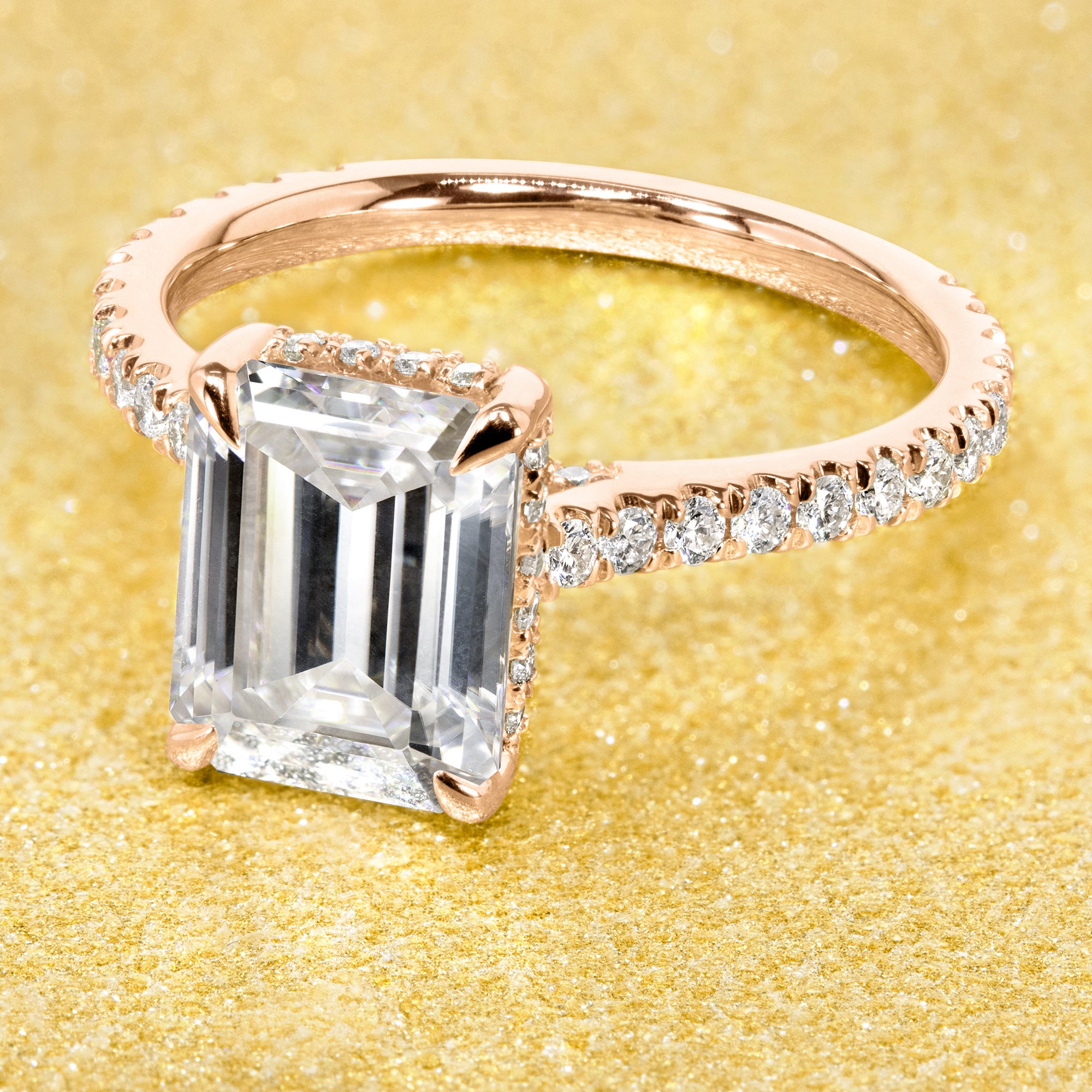 The Emilia, 2.5ct Emerald-cut Moissanite Cathedral Hidden Halo Ring