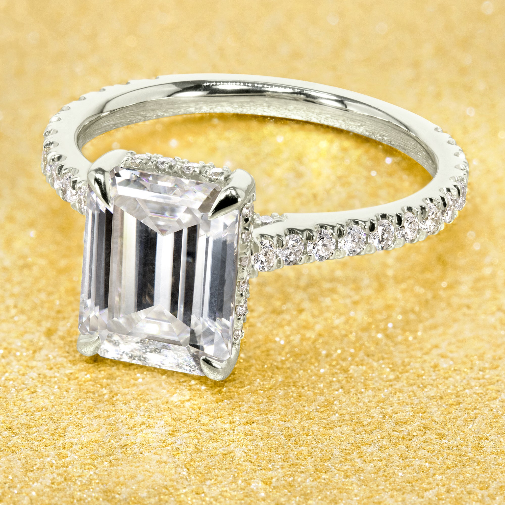 The Emilia, 2.5ct Emerald-cut Moissanite Cathedral Hidden Halo Ring
