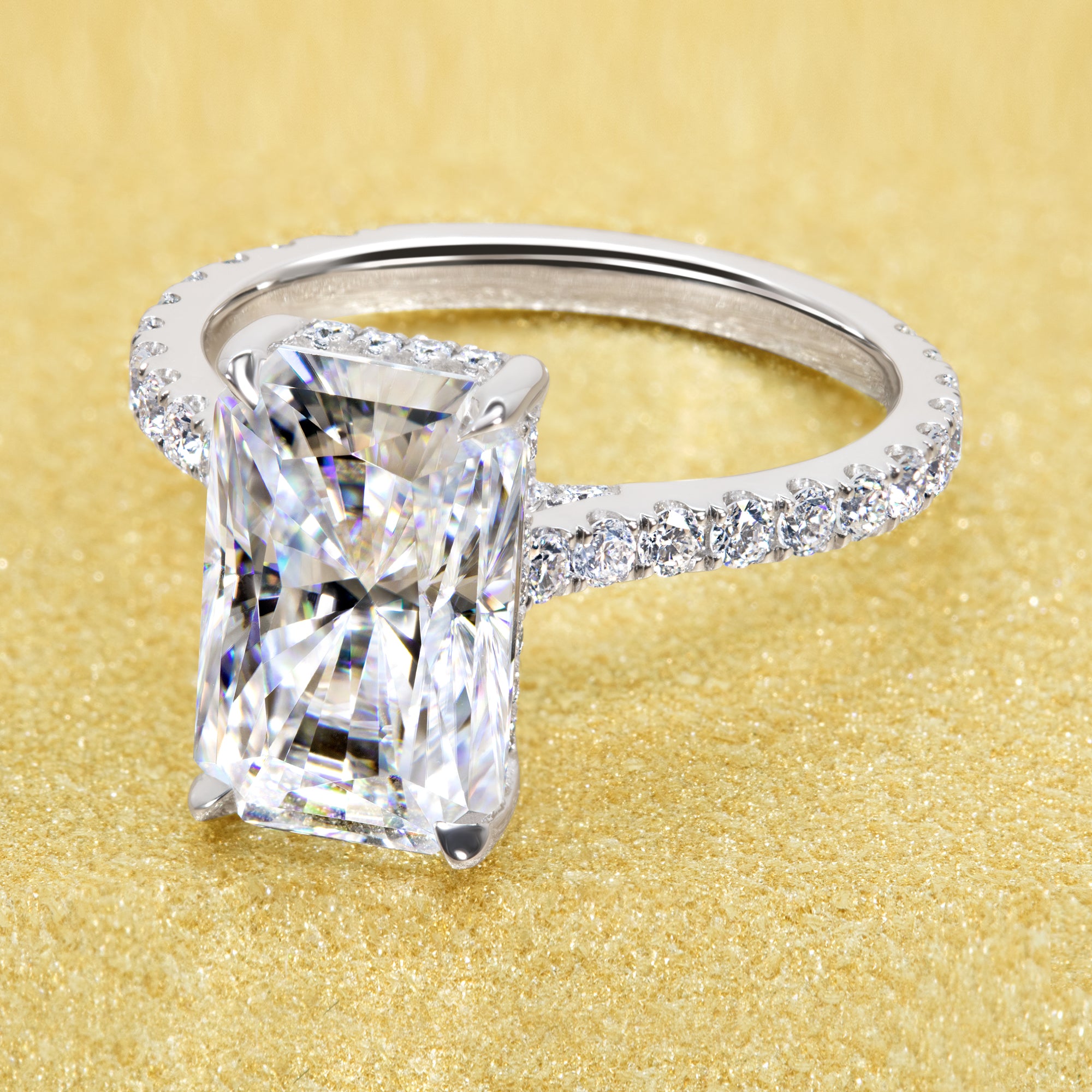 Emilia 3.5ct Elongated Radiant-cut Moissanite Diamond Bridge Hidden Halo Cathedral Style Engagement ring in 14K or 18K Gold by Earthena Jewelry