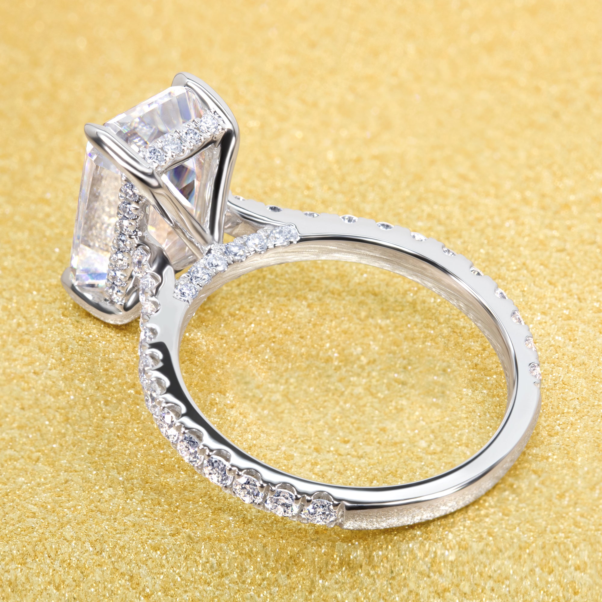 Emilia 3.5ct Elongated Radiant-cut Moissanite Diamond Bridge Hidden Halo Cathedral Style Engagement ring in 14K or 18K Gold by Earthena Jewelry