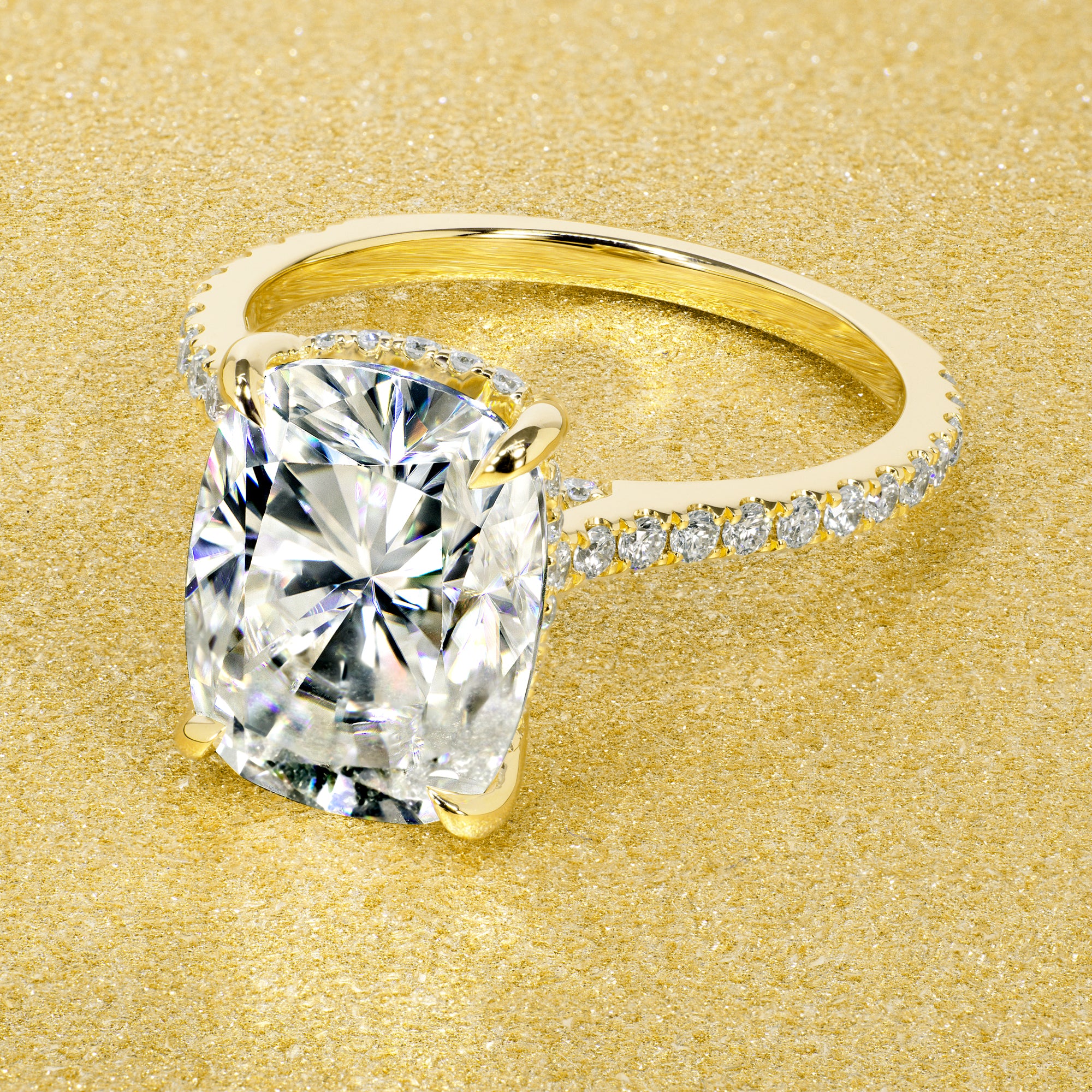 Classic Emilia 5.5ct Elongated Cushion-cut Moissanite Hidden Halo Diamond Bridge Cathedral Style Engagement ring in 14K Gold, 18K Gold, or Platinum by Earthena Jewelry of Beverly Hills.