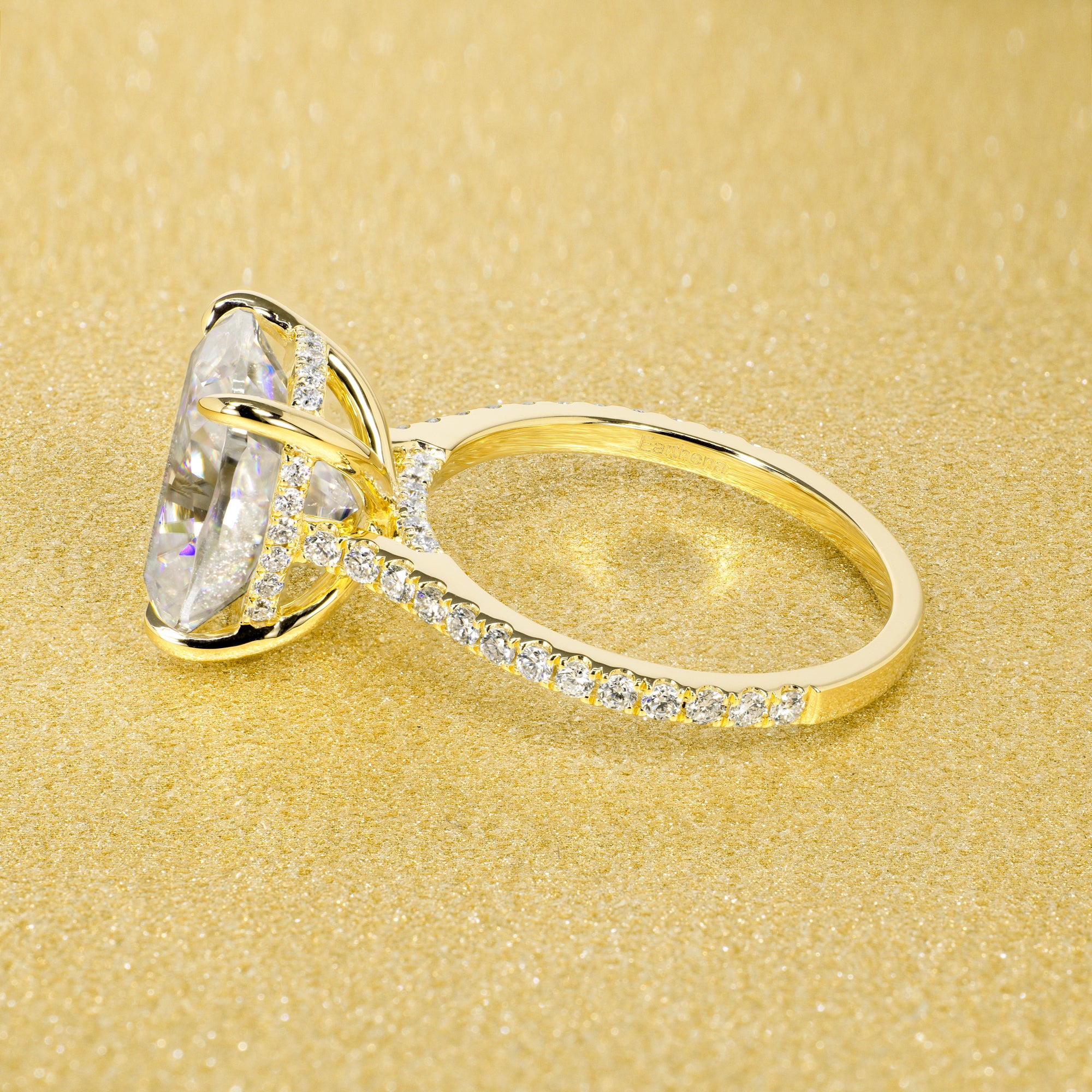 Classic Emilia 5.5ct Elongated Cushion-cut Moissanite Hidden Halo Diamond Bridge Cathedral Style Engagement ring in 14K Gold, 18K Gold, or Platinum by Earthena Jewelry of Beverly Hills.