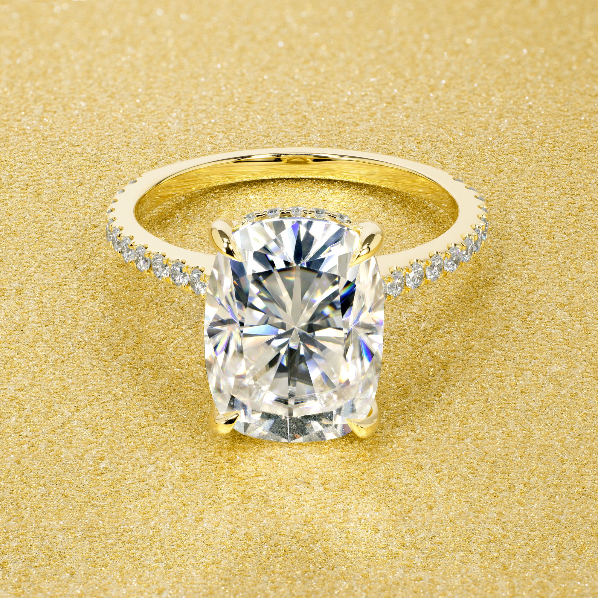Classic Emilia 5.5ct Elongated Cushion-cut Moissanite Hidden Halo Diamond Bridge Cathedral Style Engagement ring in 14K Gold, 18K Gold, or Platinum by Earthena Jewelry of Beverly Hills.