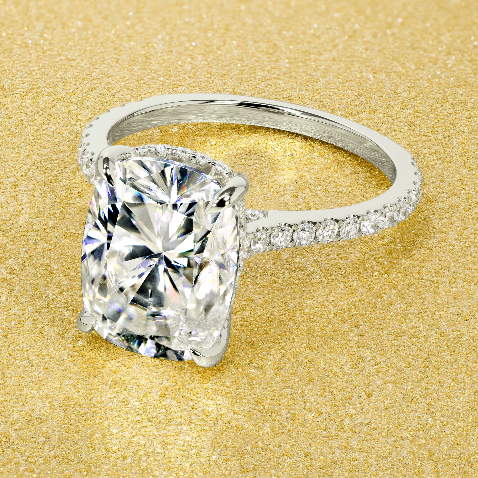 Classic Emilia 5.5ct Elongated Cushion-cut Moissanite Hidden Halo Diamond Bridge Cathedral Style Engagement ring in 14K Gold, 18K Gold, or Platinum by Earthena Jewelry of Beverly Hills.