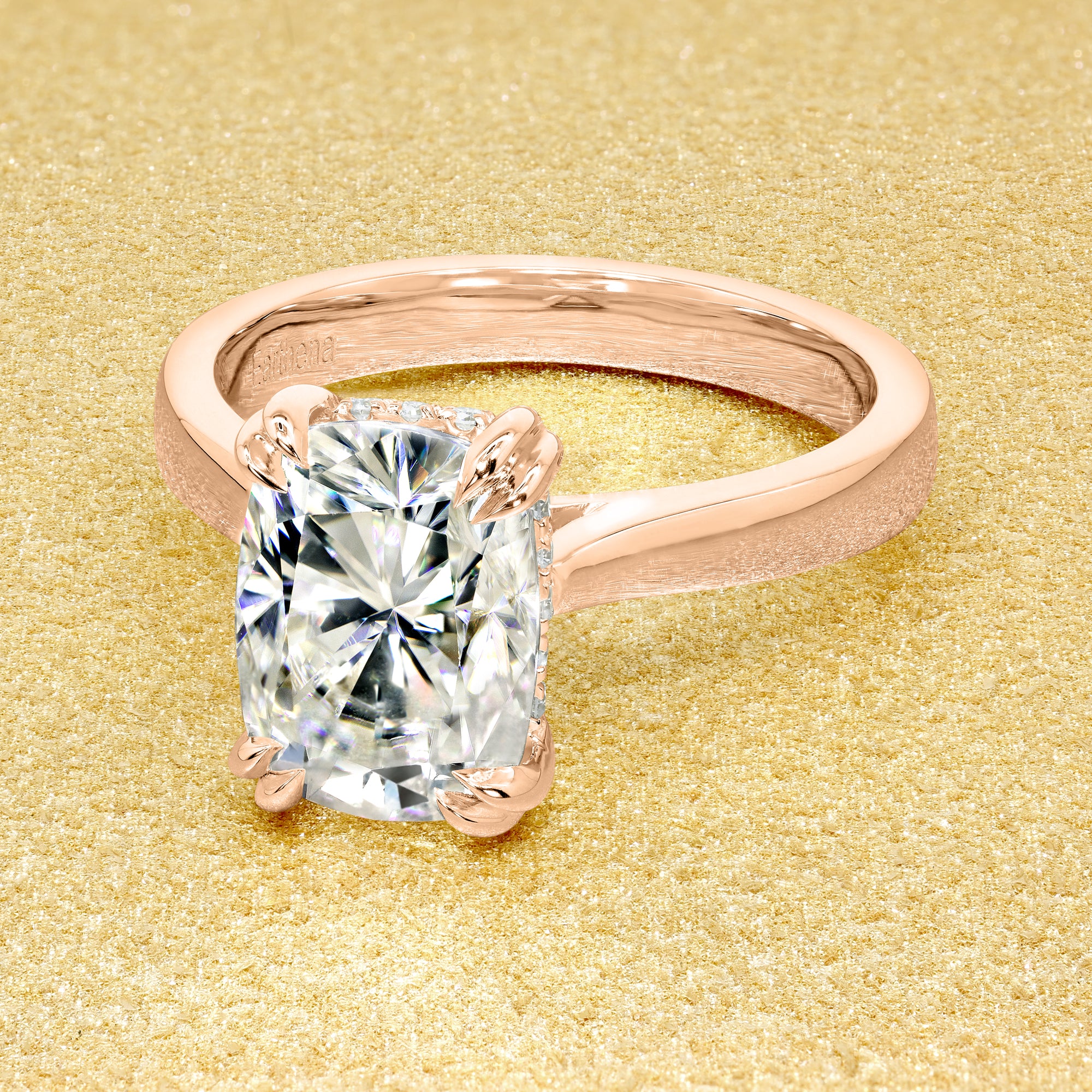 The Eva Luxe 2.5ct cushion-cut hidden halo engagement ring with bold band, by Earthena Jewelry of Beverly Hills.
