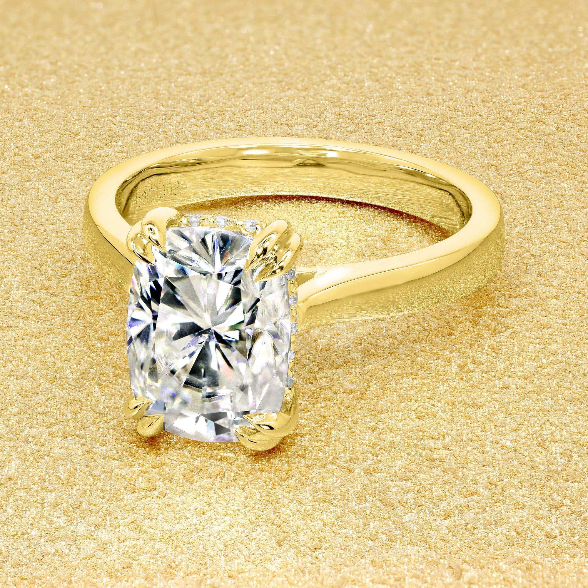 The Eva Luxe 2.5ct cushion-cut hidden halo engagement ring with bold band, by Earthena Jewelry of Beverly Hills.