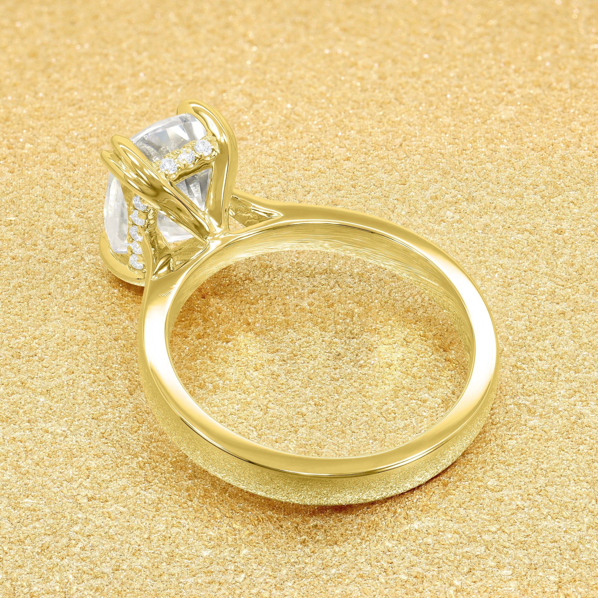 The Eva Luxe 2.5ct cushion-cut hidden halo engagement ring with bold band, by Earthena Jewelry of Beverly Hills.