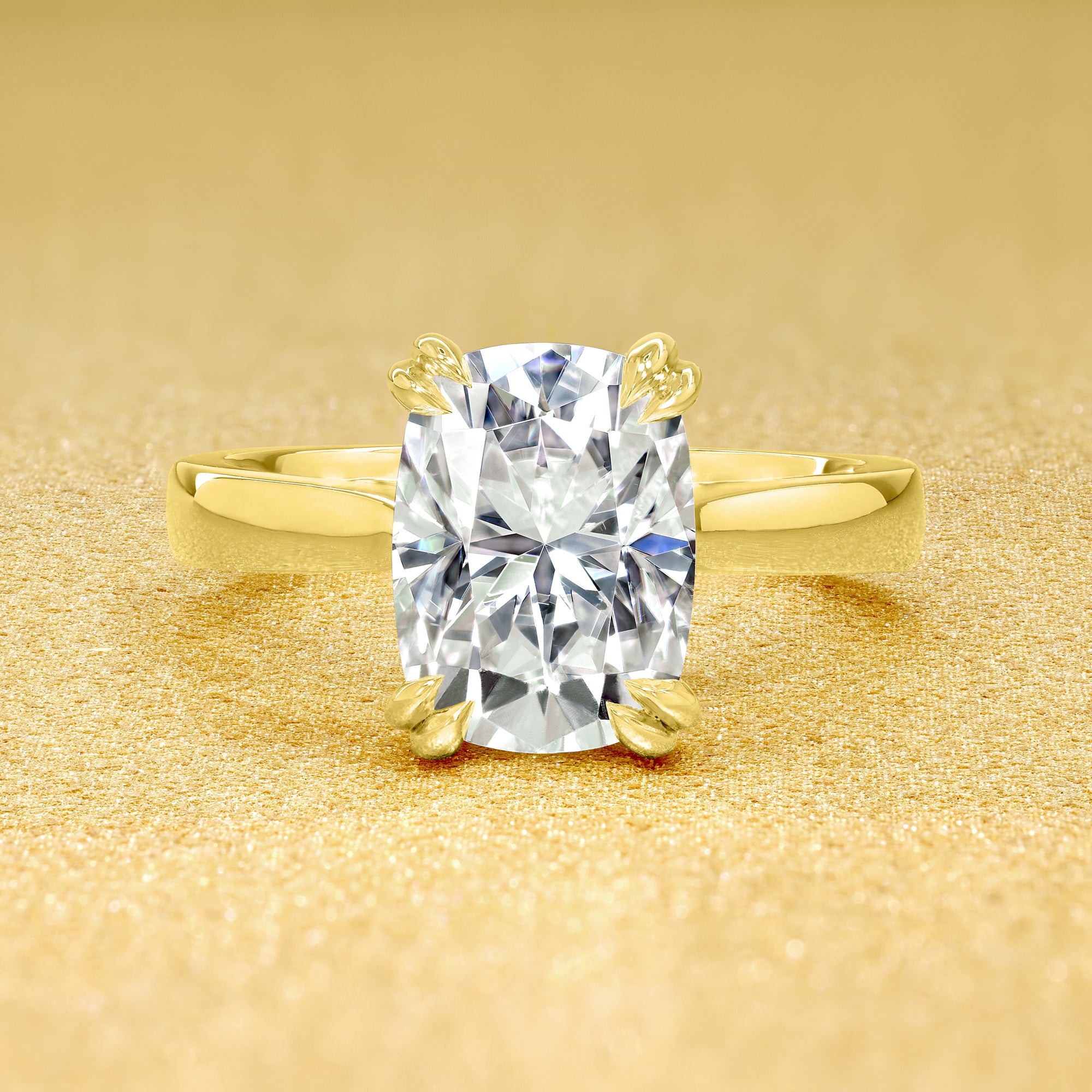 The Eva Luxe 2.5ct cushion-cut hidden halo engagement ring with bold band, by Earthena Jewelry of Beverly Hills.
