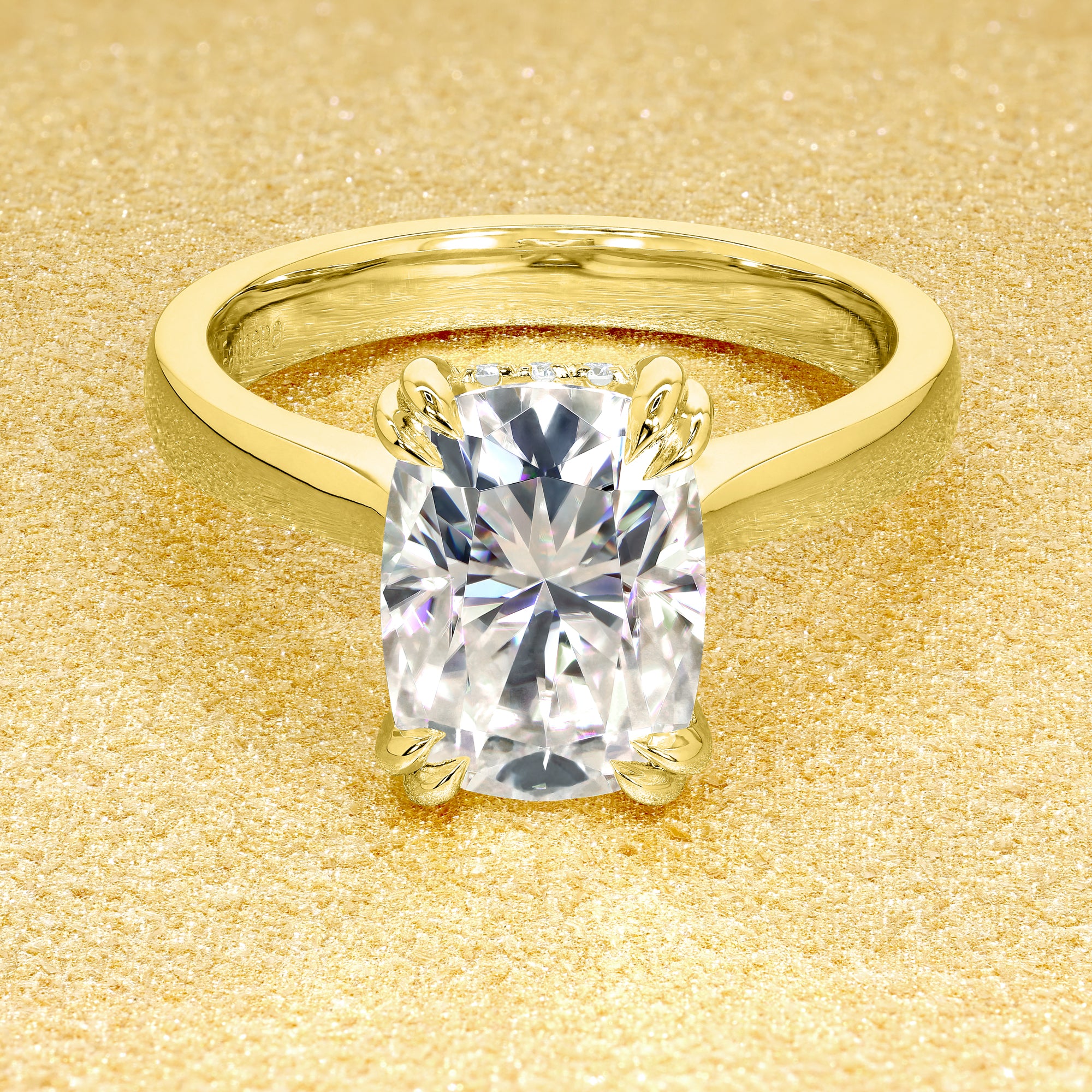 The Eva Luxe 2.5ct cushion-cut hidden halo engagement ring with bold band, by Earthena Jewelry of Beverly Hills.