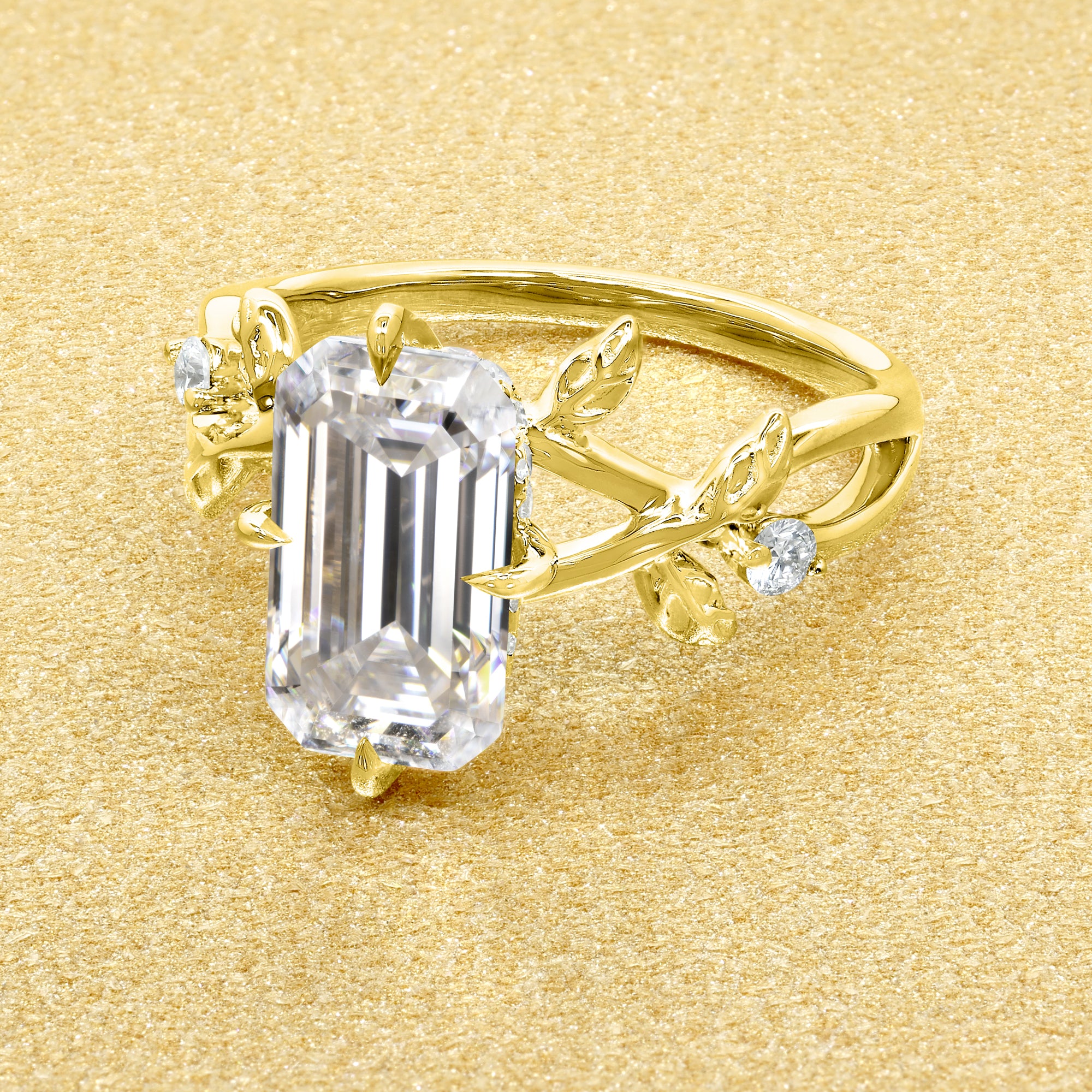 Flora 3ct Elongated Emerald-cut Moissanite Compass Hidden Halo Floral Lab-grown Diamond Engagement ring in 14K gold, 18K gold, or Platinum by Earthena Jewelry of Beverly Hills.