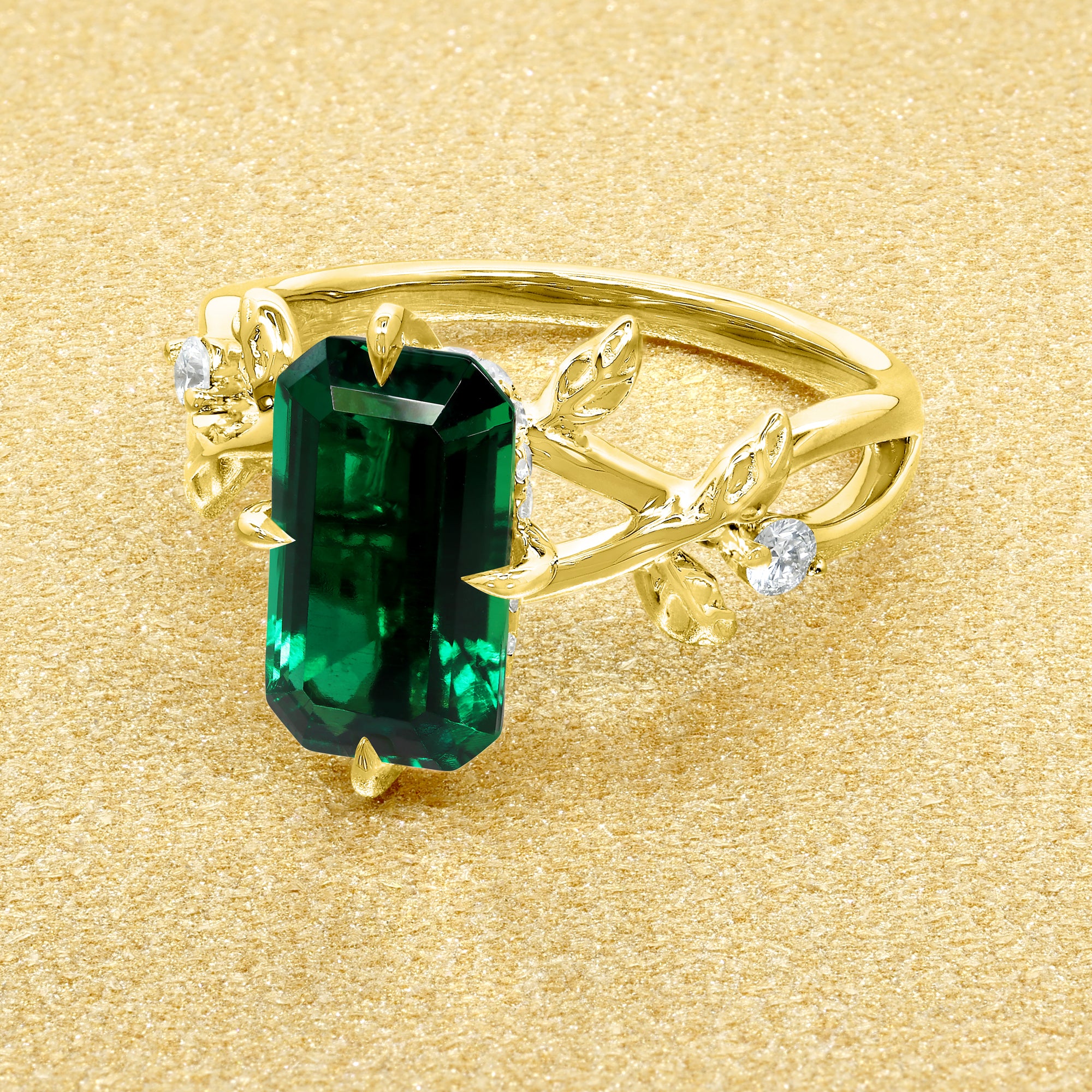 Flora Lab-Grown Emerald-Cut Zambia-Green-inspried Emerald Compass Hidden Halo Engagement Ring in 14K Gold, 18K Gold, or Platinum by Earthena Jewelry of Beverly Hills.