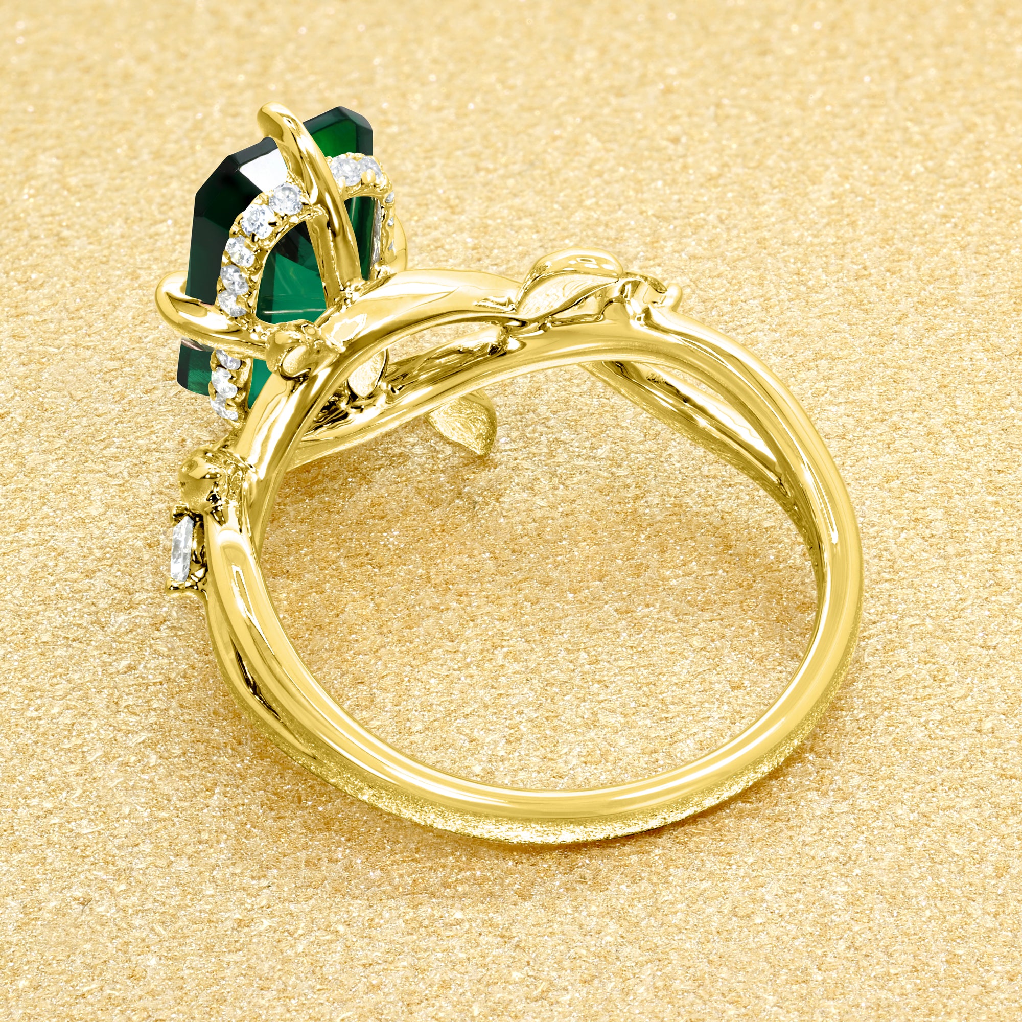 Flora Lab-Grown Emerald-Cut Zambia-Green-inspried Emerald Compass Hidden Halo Engagement Ring in 14K Gold, 18K Gold, or Platinum by Earthena Jewelry of Beverly Hills.