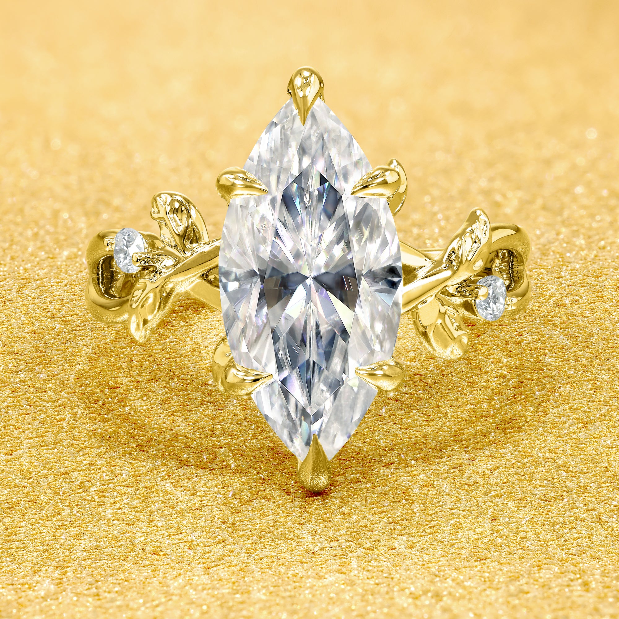 Flora 3ct Marquise cut Moissanite Hidden Halo Floral Engagement Ring in 14K Gold, 18K Gold, or Platinum by Earthena Jewelry of Beverly Hills.