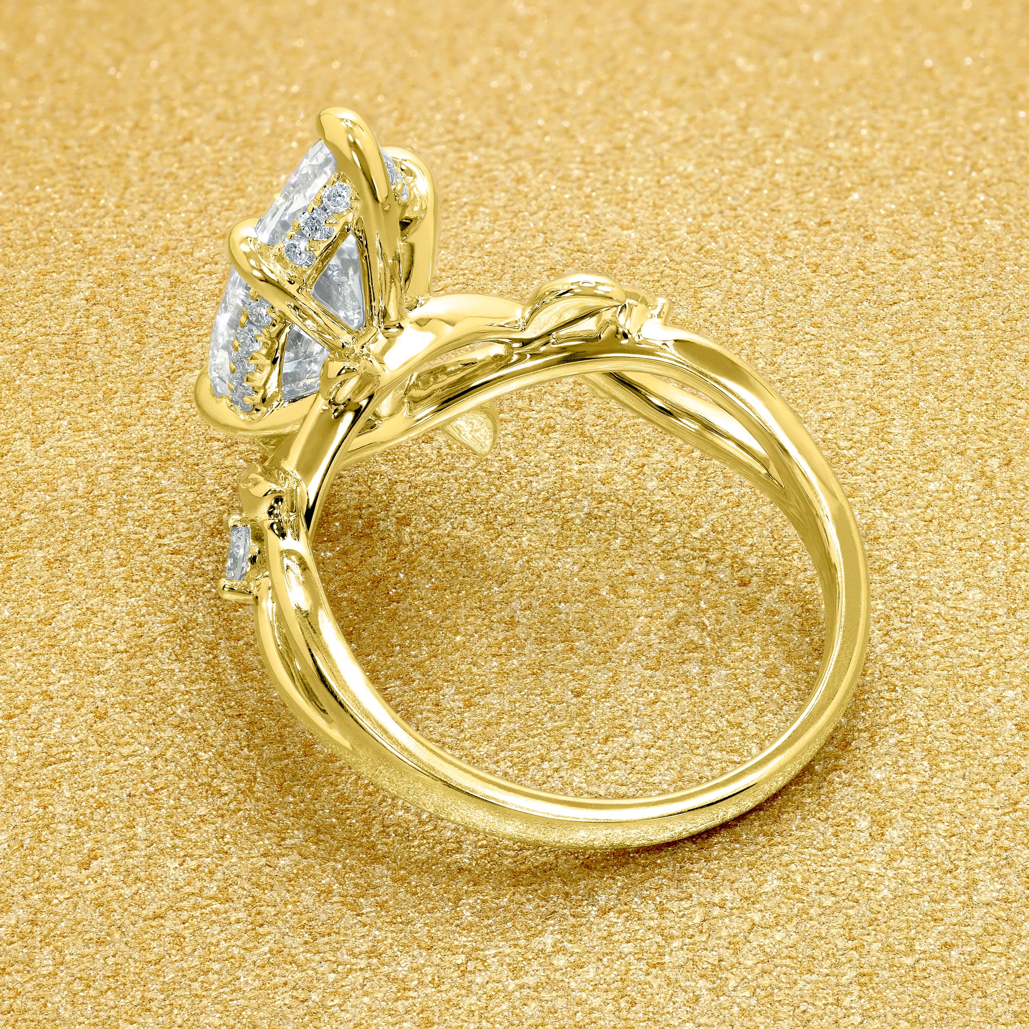 Flora 3ct Marquise cut Moissanite Hidden Halo Floral Engagement Ring in 14K Gold, 18K Gold, or Platinum by Earthena Jewelry of Beverly Hills.