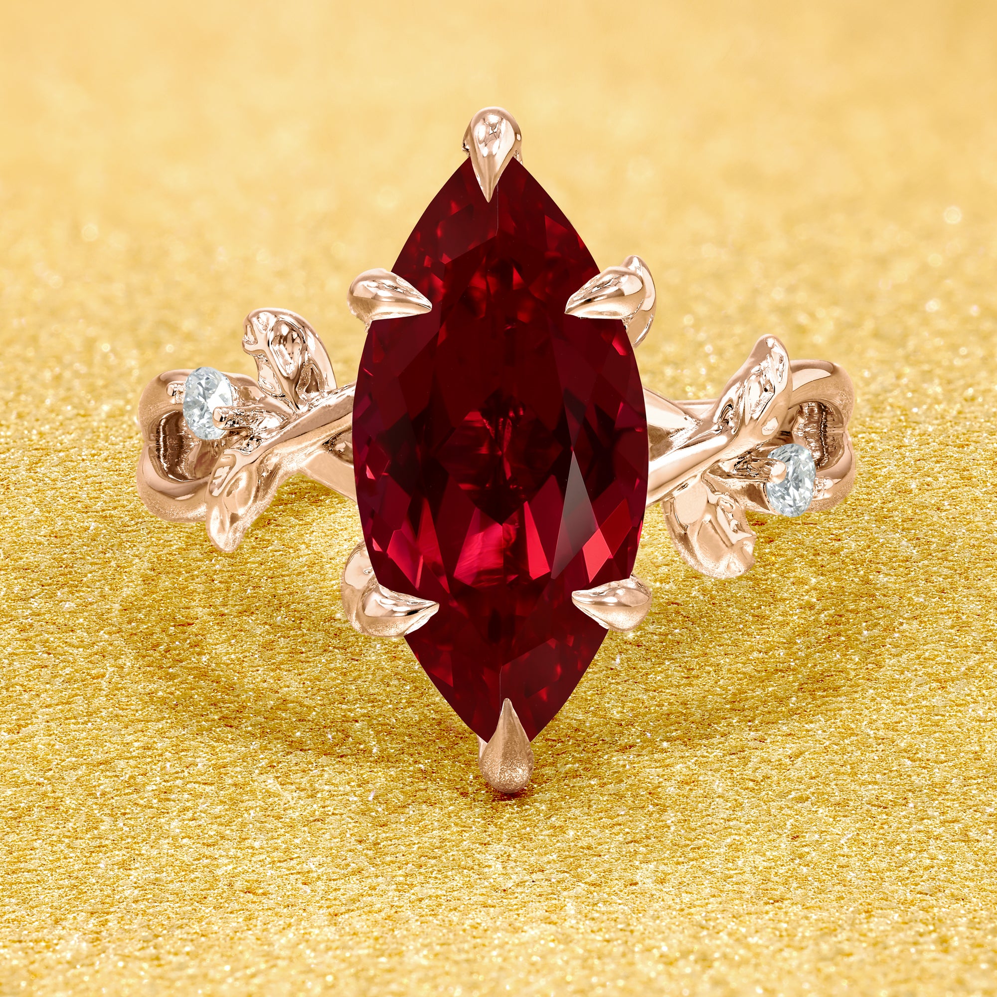 Flora 3ct Marquise-cut Lab-grown Ruby Hidden Halo Floral Engagement ring in 14K gold, 18K gold, or Platinum by Earthena Jewelry of Beverly Hills.
