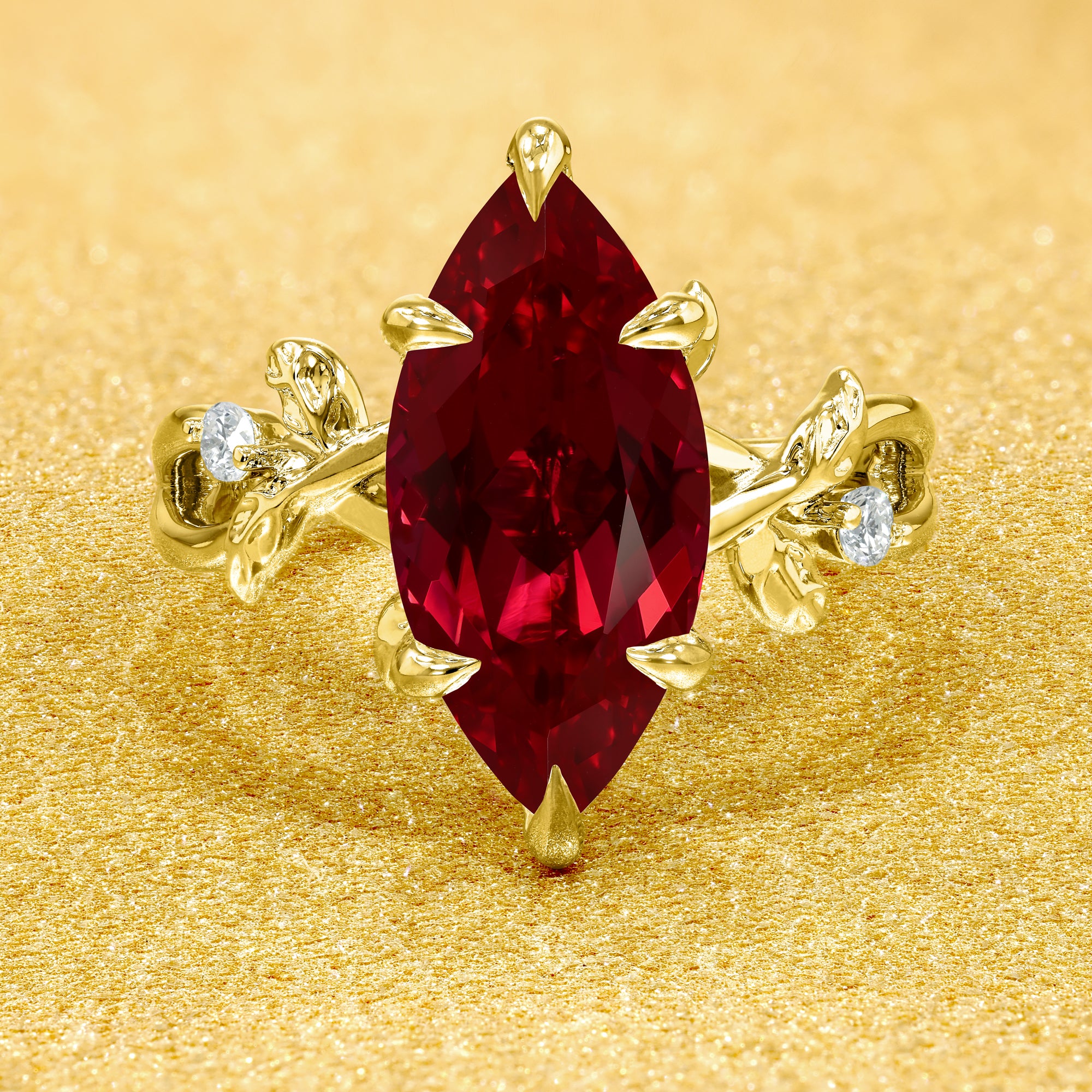 Flora 3ct Marquise-cut Lab-grown Ruby Hidden Halo Floral Engagement ring in 14K gold, 18K gold, or Platinum by Earthena Jewelry of Beverly Hills.