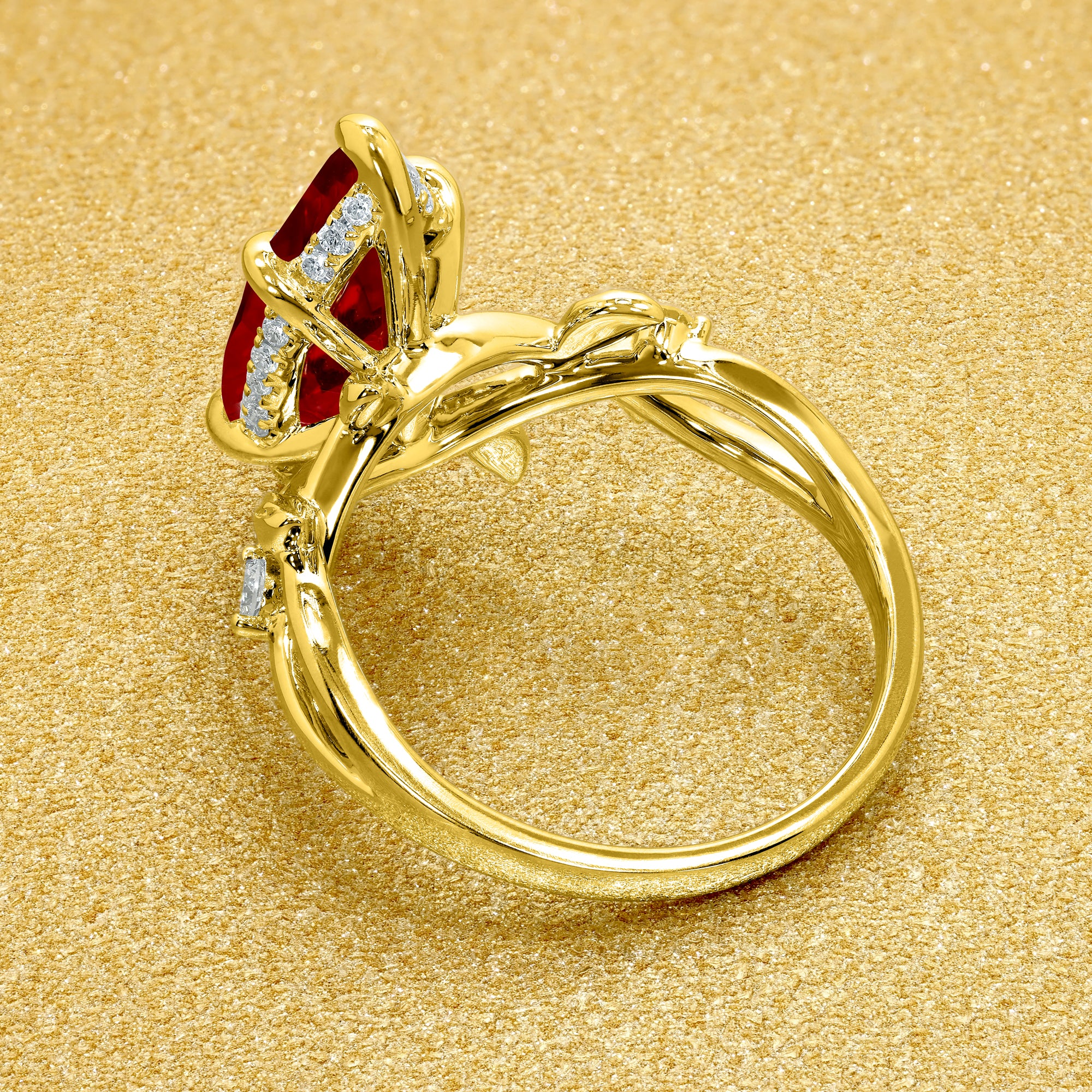 Flora 3ct Marquise-cut Lab-grown Ruby Hidden Halo Floral Engagement ring in 14K gold, 18K gold, or Platinum by Earthena Jewelry of Beverly Hills.