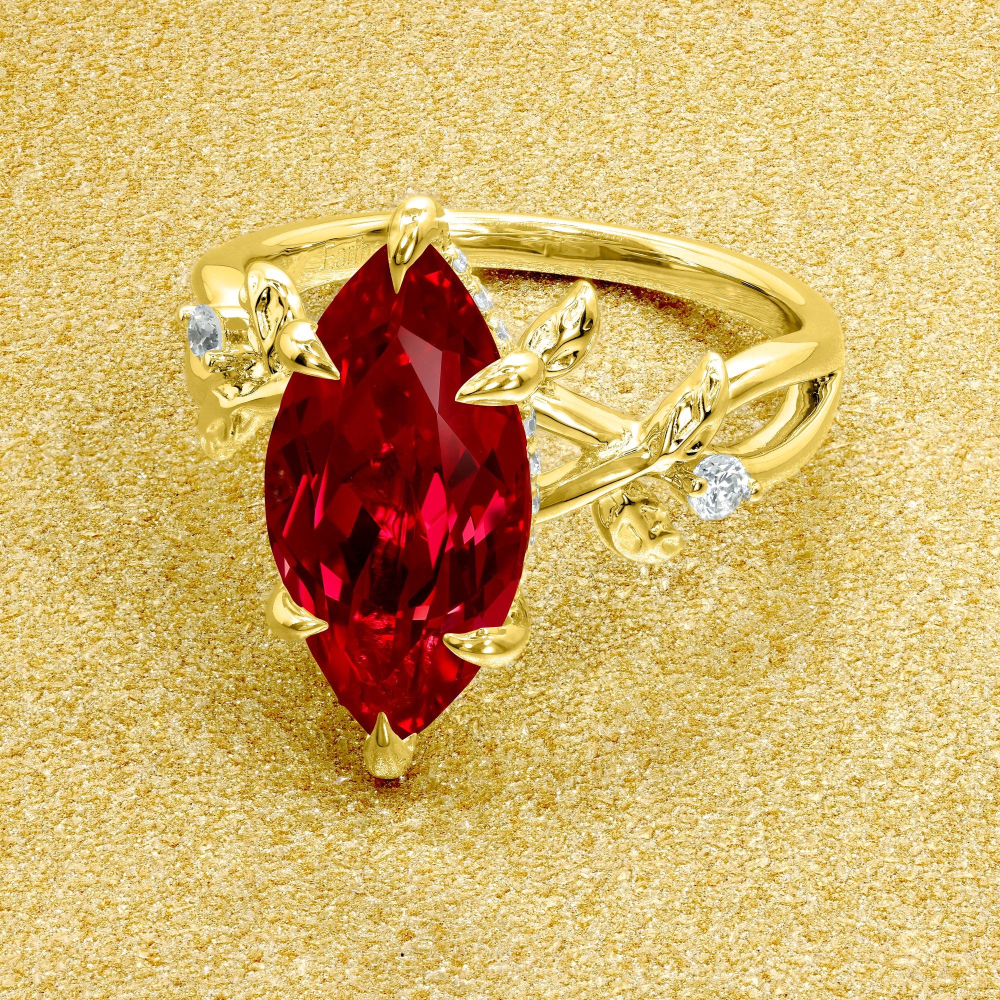 Flora 3ct Marquise-cut Lab-grown Ruby Hidden Halo Floral Engagement ring in 14K gold, 18K gold, or Platinum by Earthena Jewelry of Beverly Hills.