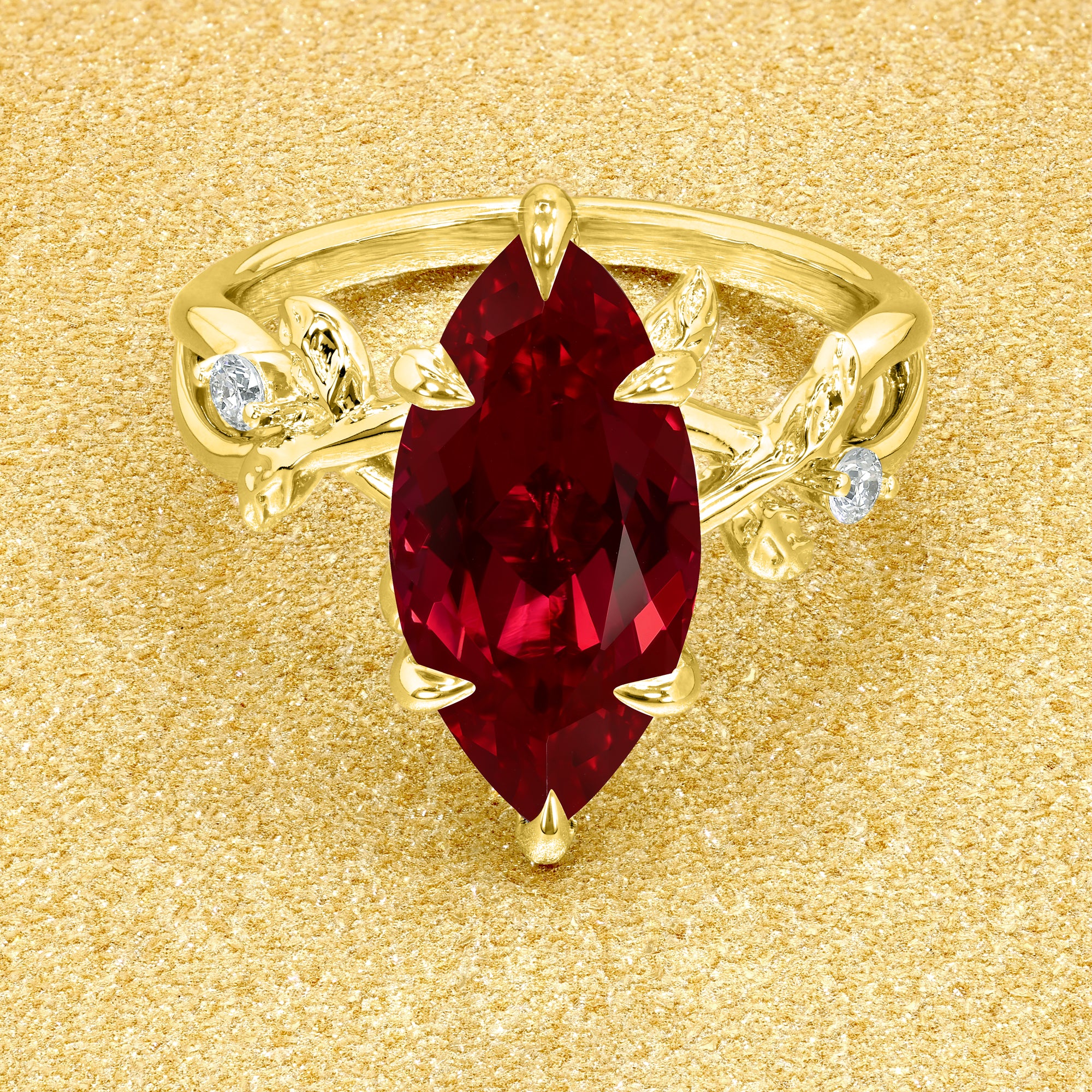 Flora 3ct Marquise-cut Lab-grown Ruby Hidden Halo Floral Engagement ring in 14K gold, 18K gold, or Platinum by Earthena Jewelry of Beverly Hills.