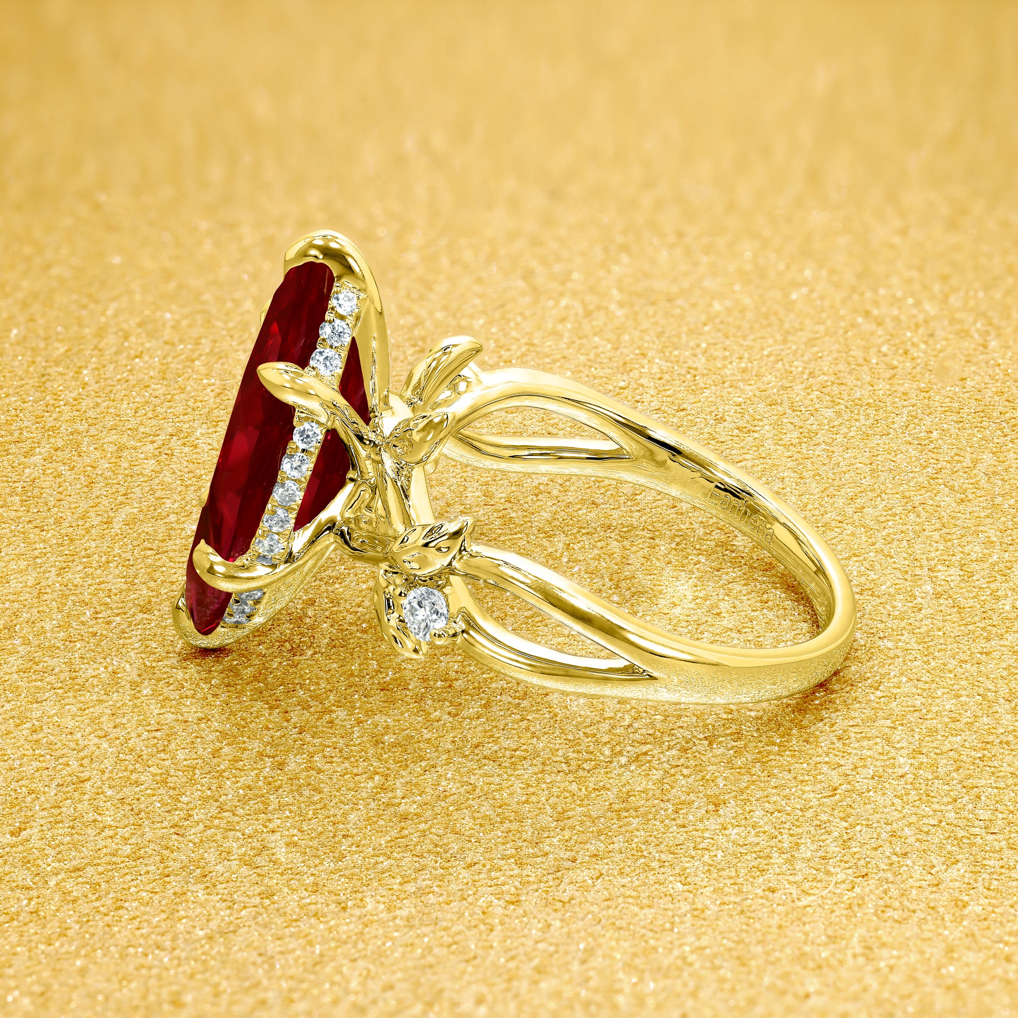 Flora 3ct Marquise-cut Lab-grown Ruby Hidden Halo Floral Engagement ring in 14K gold, 18K gold, or Platinum by Earthena Jewelry of Beverly Hills.