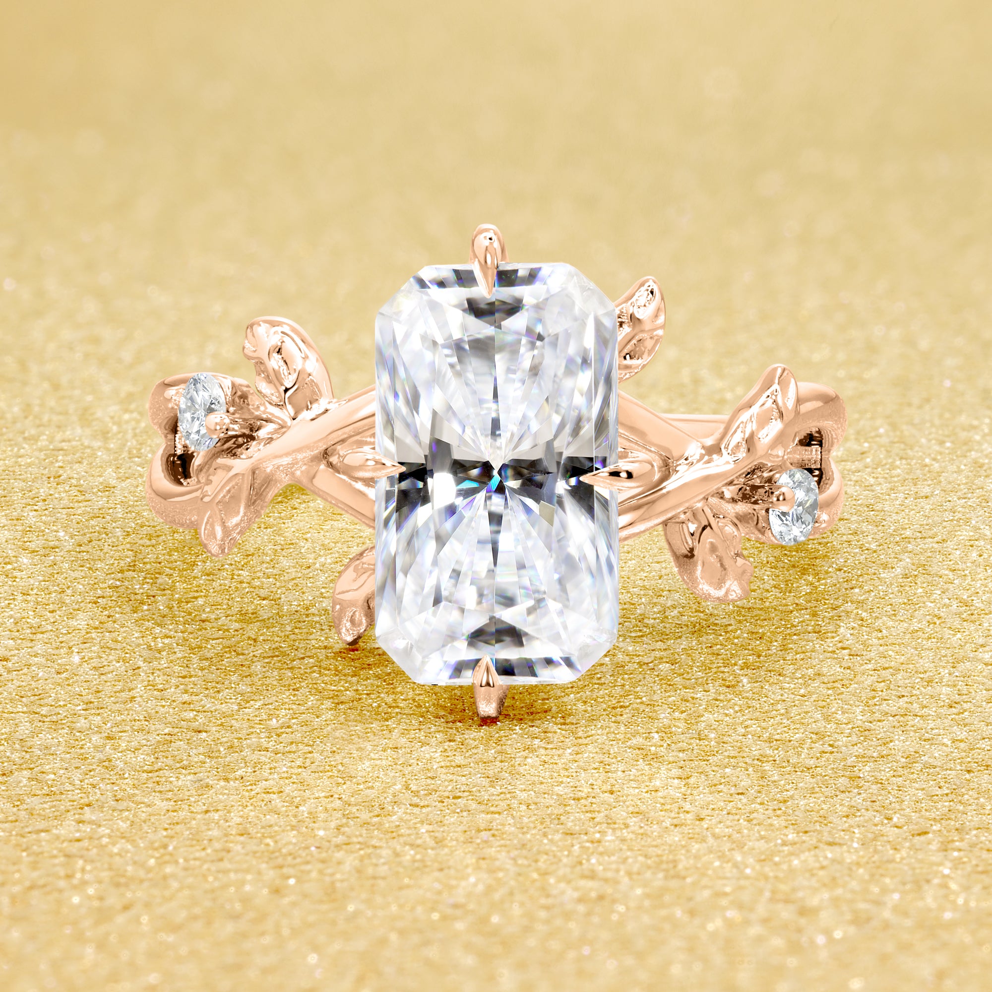 Flora 3ct Elongated Radiant-cut Moissanite Compass Hidden Halo Floral Lab-grown Diamond Engagement ring in 14K gold, 18K gold, or Platinum by Earthena Jewelry of Beverly Hills.