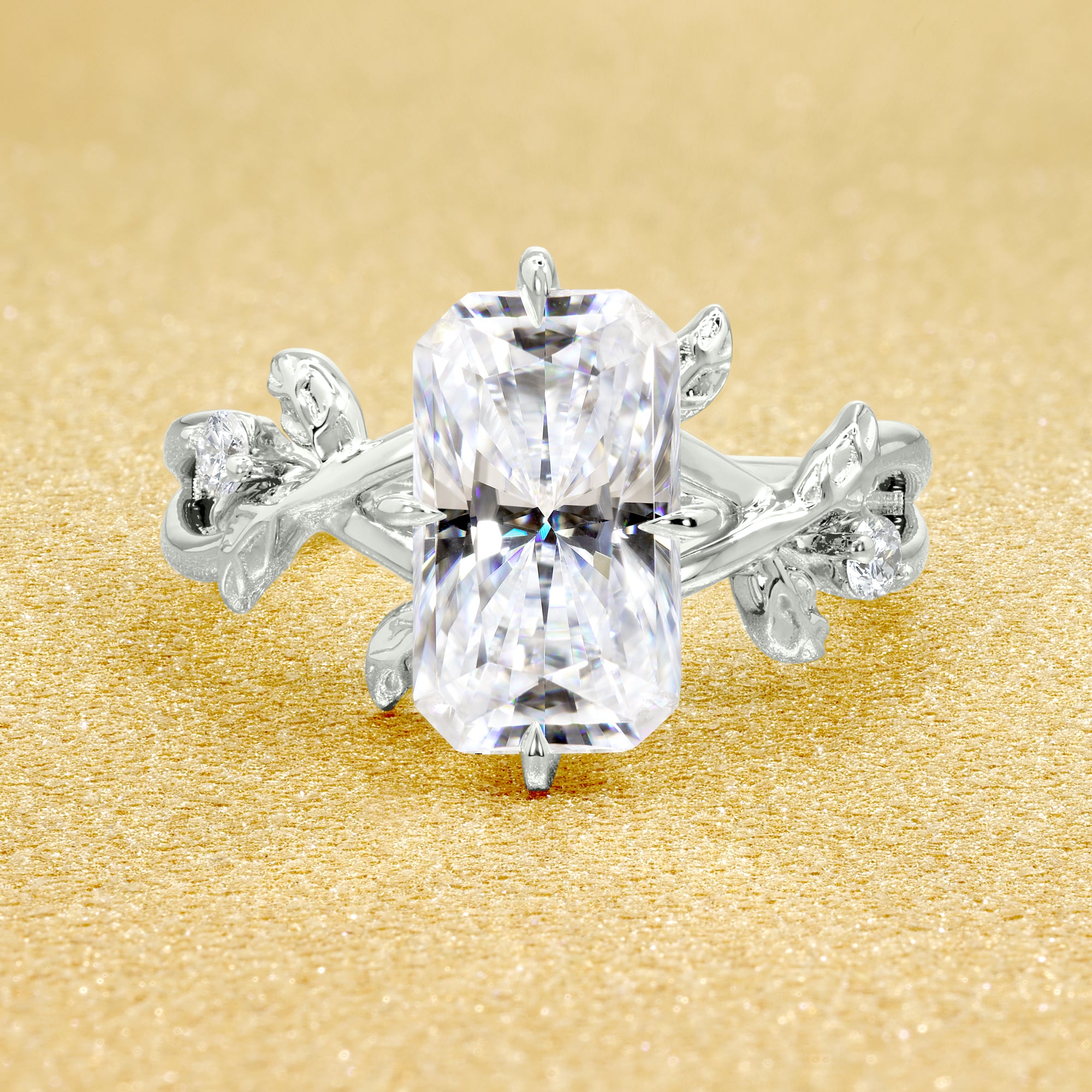 Flora 3ct Elongated Radiant-cut Moissanite Compass Hidden Halo Floral Lab-grown Diamond Engagement ring in 14K gold, 18K gold, or Platinum by Earthena Jewelry of Beverly Hills.