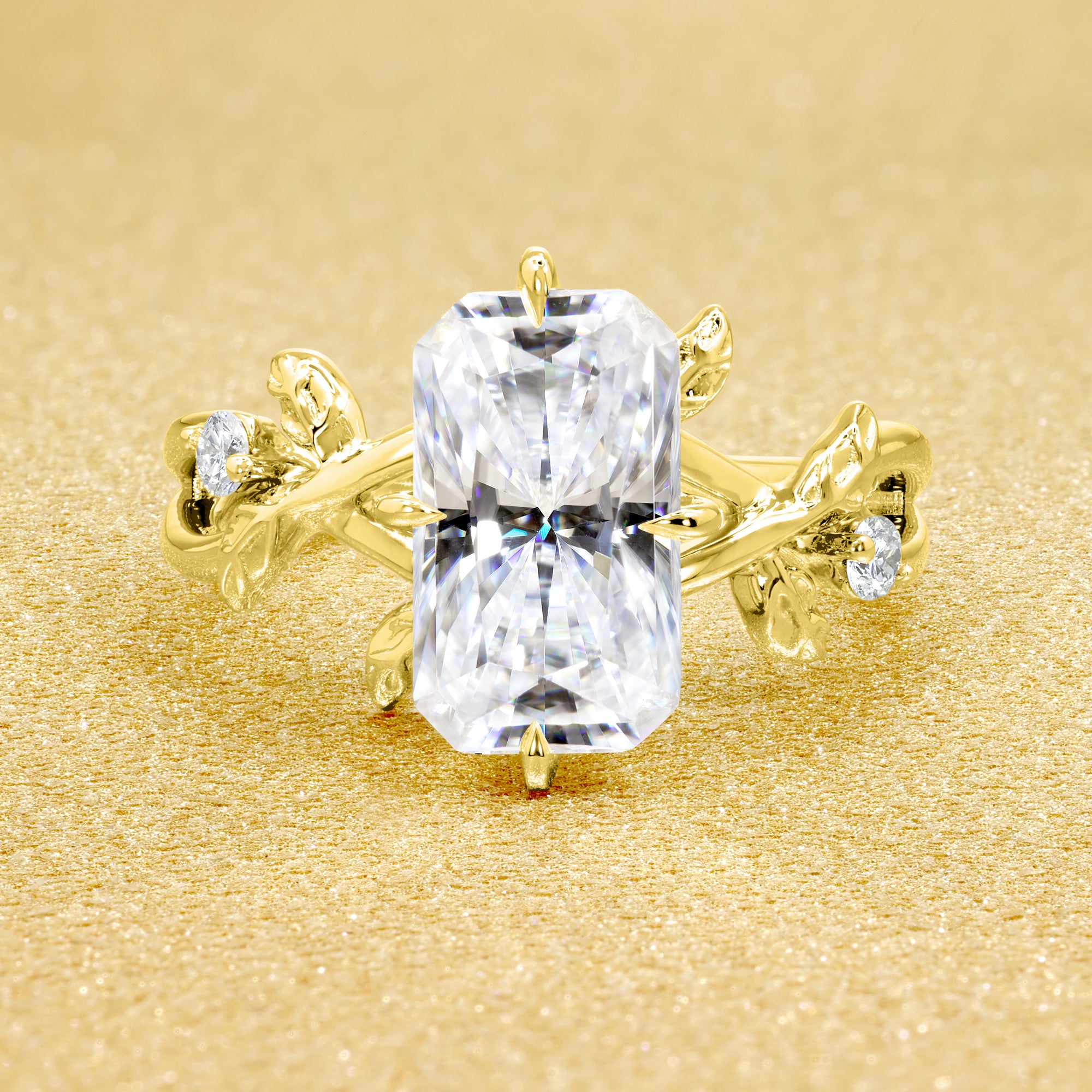 Flora 3ct Elongated Radiant-cut Moissanite Compass Hidden Halo Floral Lab-grown Diamond Engagement ring in 14K gold, 18K gold, or Platinum by Earthena Jewelry of Beverly Hills.