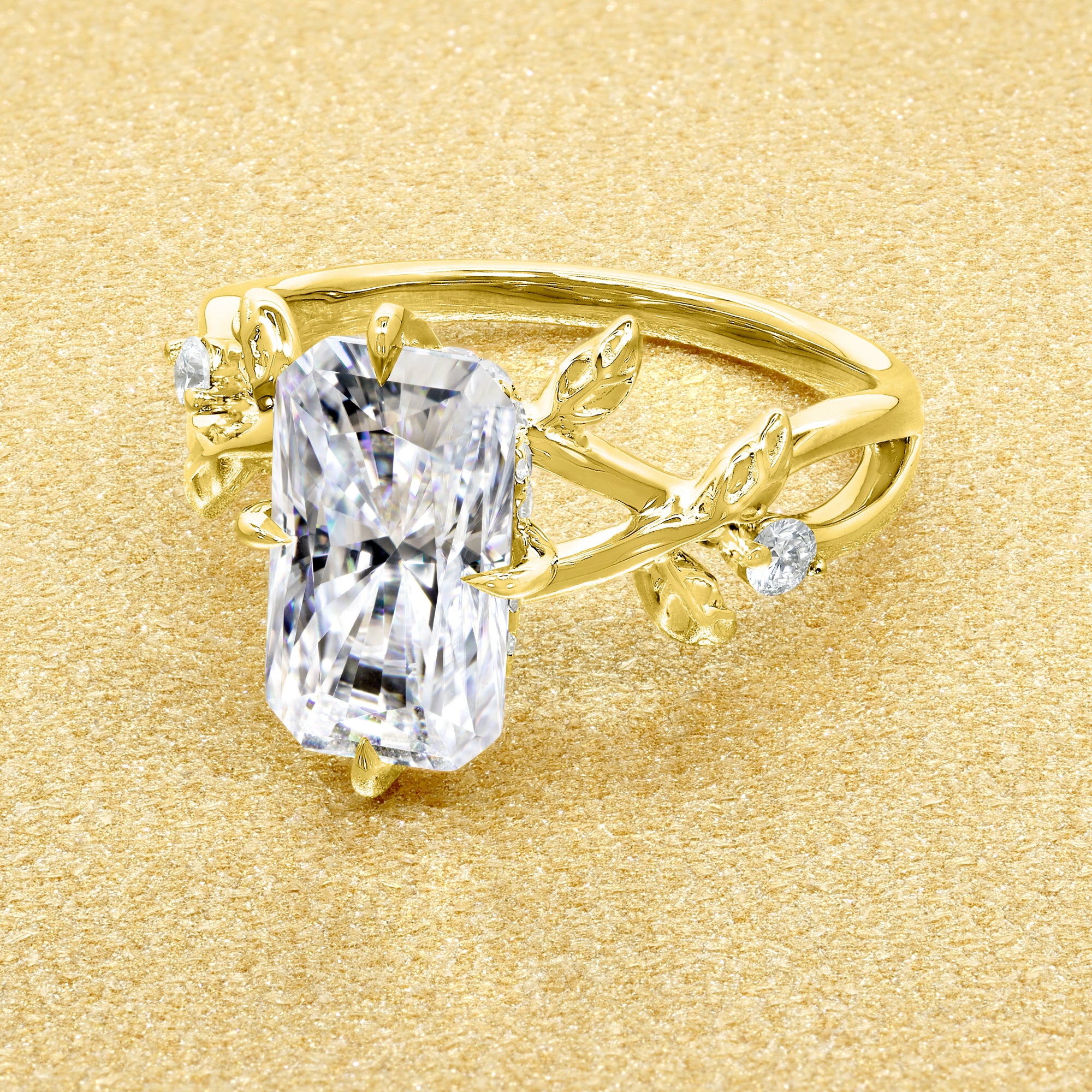 Flora 3ct Elongated Radiant-cut Moissanite Compass Hidden Halo Floral Lab-grown Diamond Engagement ring in 14K gold, 18K gold, or Platinum by Earthena Jewelry of Beverly Hills.