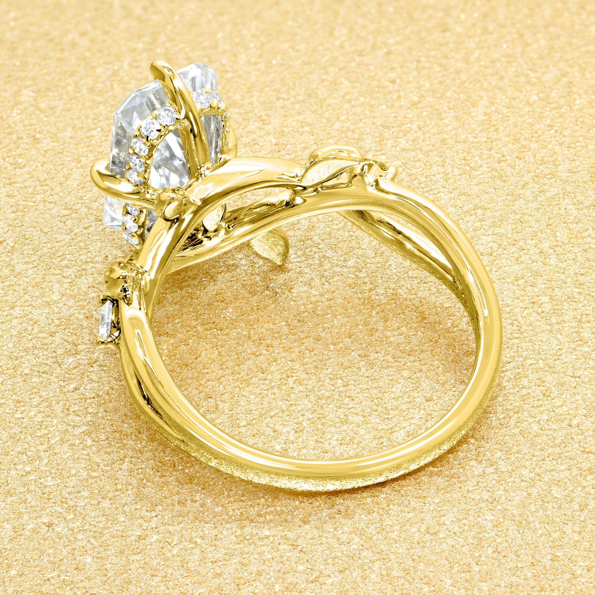 Flora 3ct Elongated Radiant-cut Moissanite Compass Hidden Halo Floral Lab-grown Diamond Engagement ring in 14K gold, 18K gold, or Platinum by Earthena Jewelry of Beverly Hills.