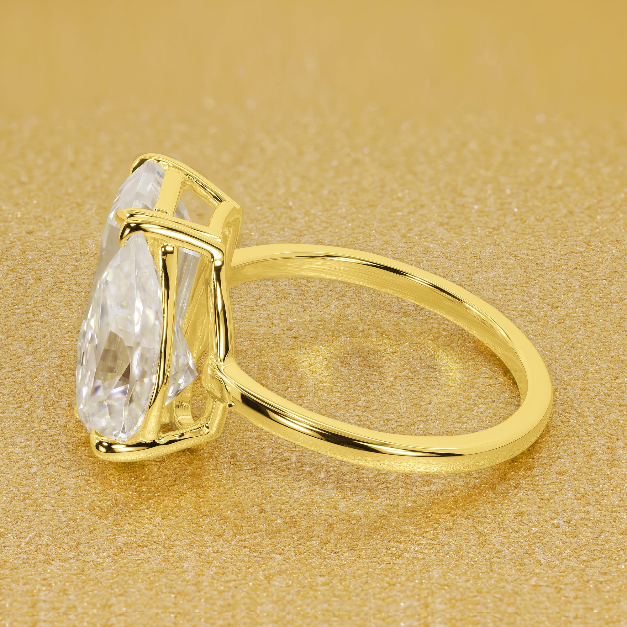 This timeless "Toi et Moi" Gemini Sleek engagement ring showcases a captivating combination of a 3.75ct elongated emerald cut and a 2.25ct pear-shaped moissanite in a minimalistic plain gold band setting. The ring is available in 14K Gold, 18K Gold, or Platinum by Earthena Jewelry of Beverly Hills.