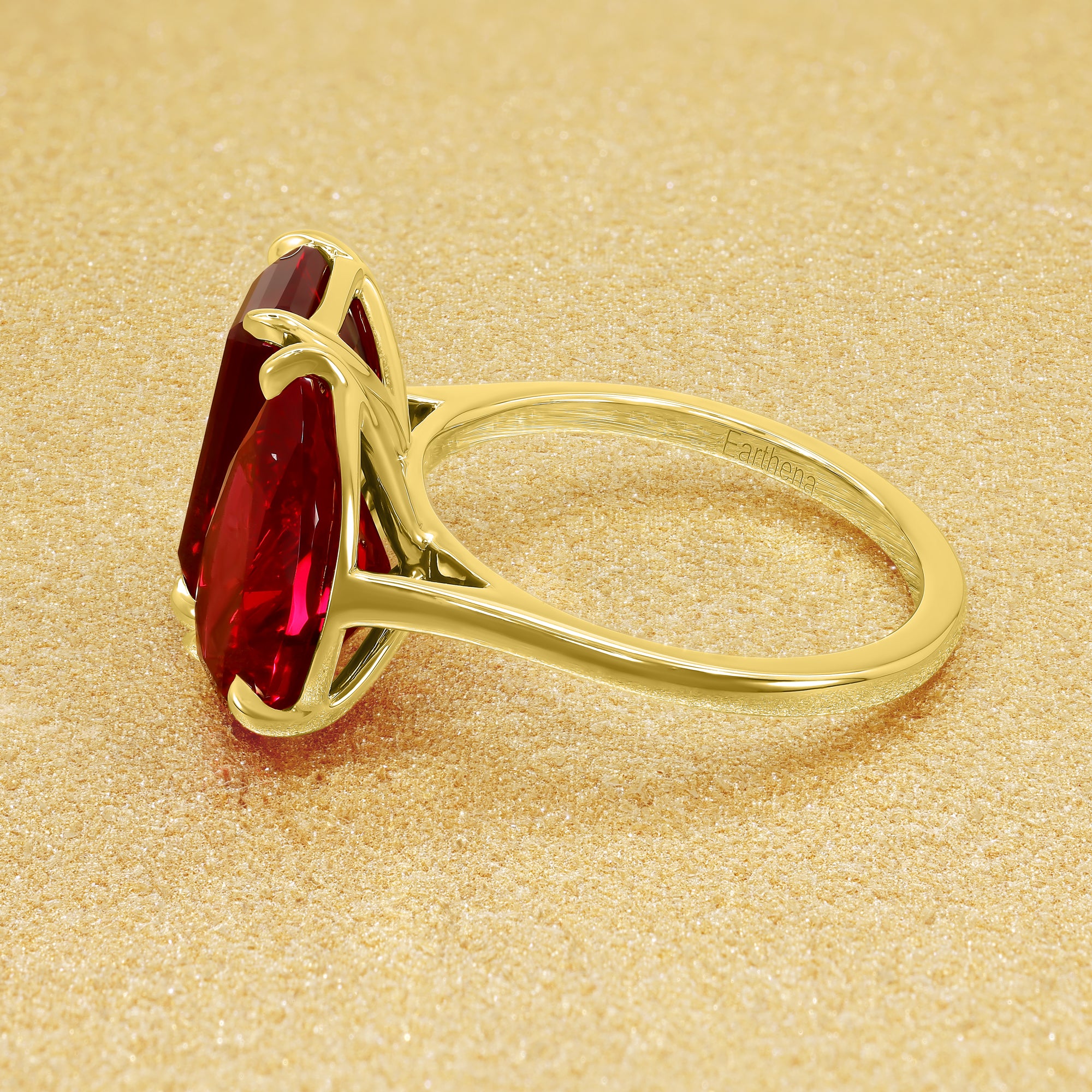 The Gemini Sleek Cathedral, Toi et Moi 6 ctw Lab-grown Emerald-cut Ruby and Pear-shaped Ring in 14K Gold, 18K Gold, or Platinum by Earthena Jewelry of Beverly Hills, Califorina.