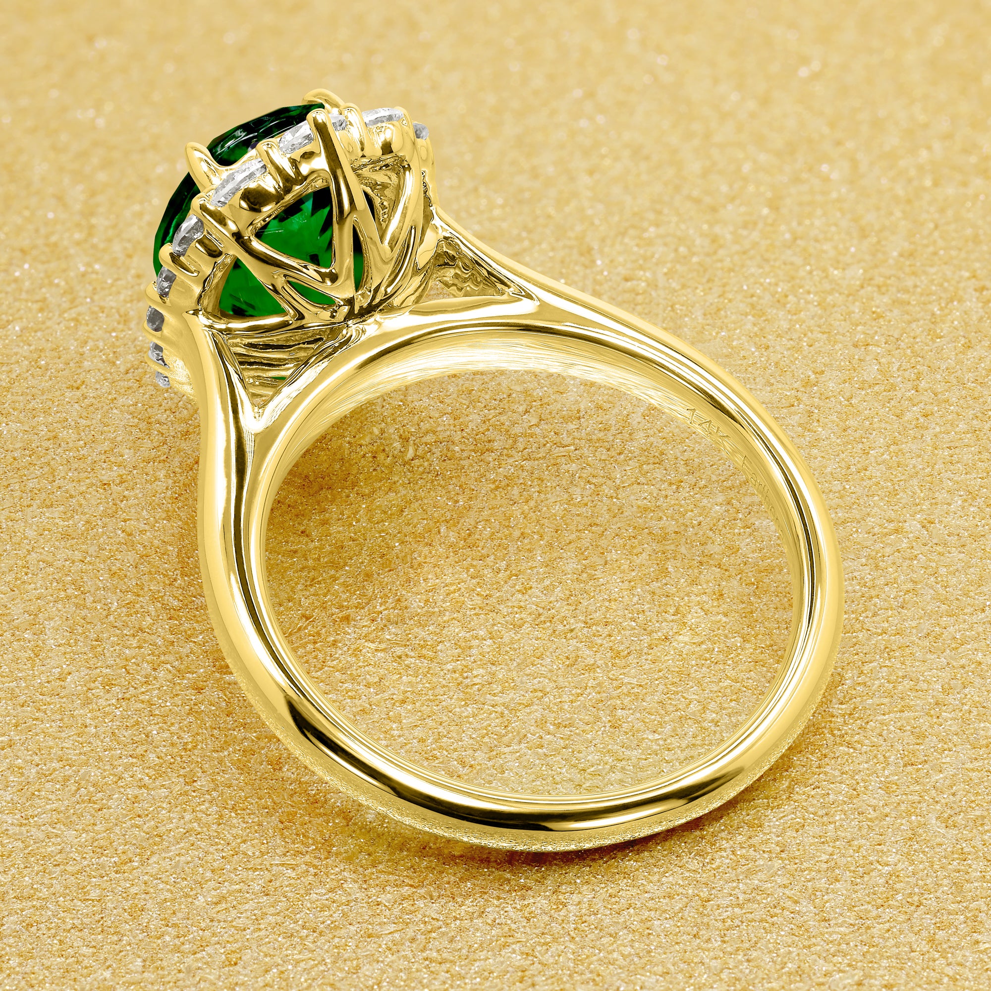 Gloria 1.5ct Elongated Lab-grown Oval-cut Green Emerald Halo Cathedral Engagement Ring in 14K Gold, 18K Gold, or Platinum by Earthena Jewelry of Beverly Hills.