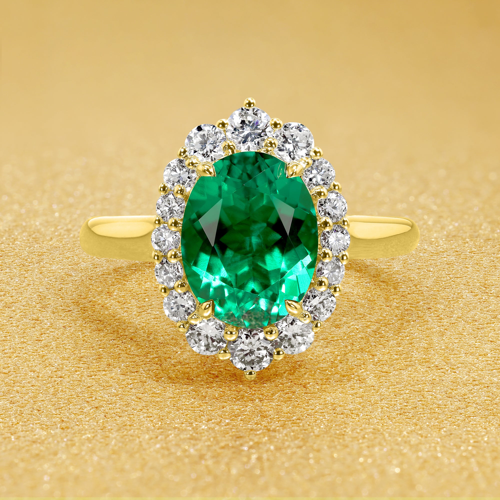 Gloria 1.5ct Elongated Lab-grown Oval-cut Green Emerald Halo Cathedral Engagement Ring in 14K Gold, 18K Gold, or Platinum by Earthena Jewelry of Beverly Hills.