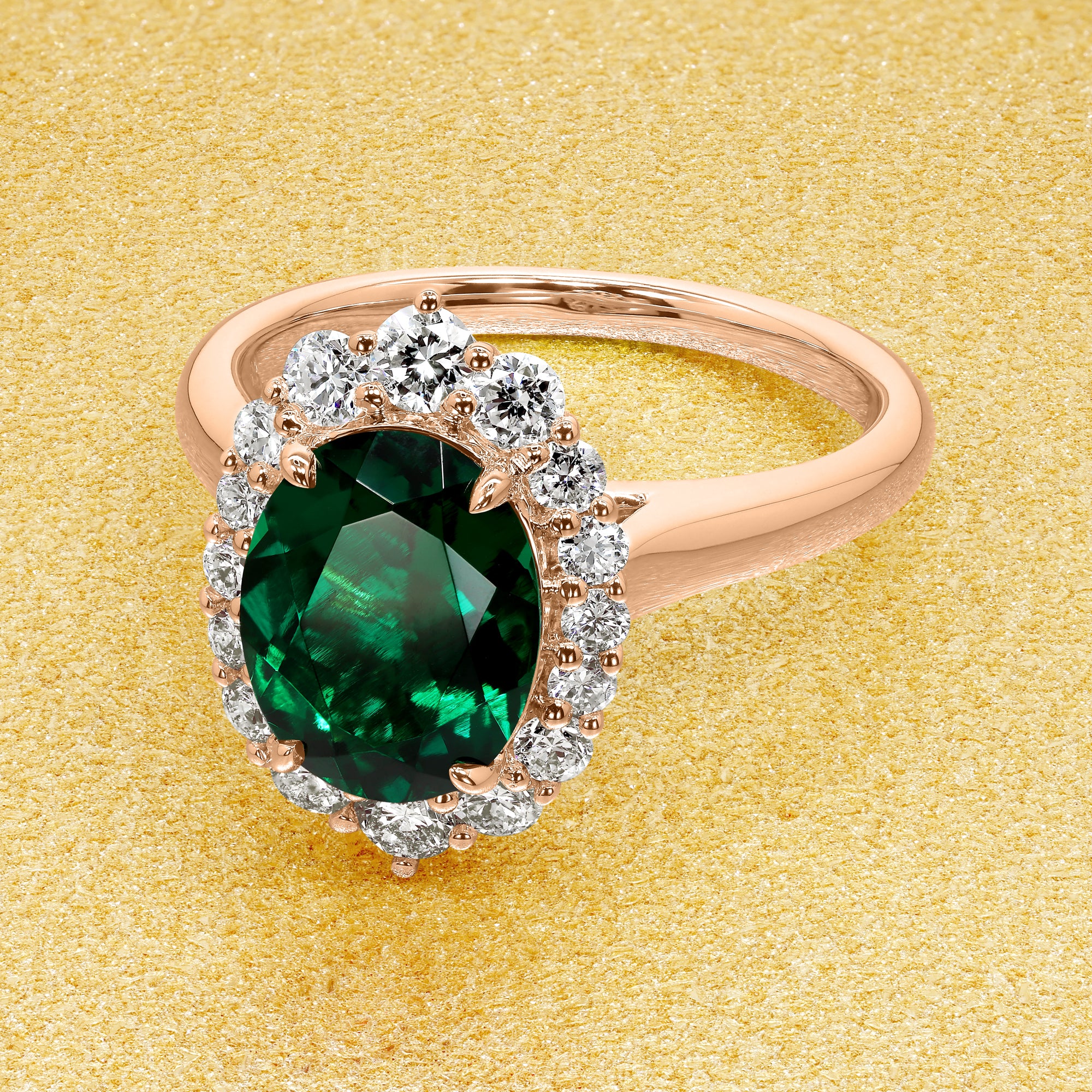 Gloria 1.5ct Elongated Lab-grown Oval-cut Green Emerald Halo Cathedral Engagement Ring in 14K Gold, 18K Gold, or Platinum by Earthena Jewelry of Beverly Hills.