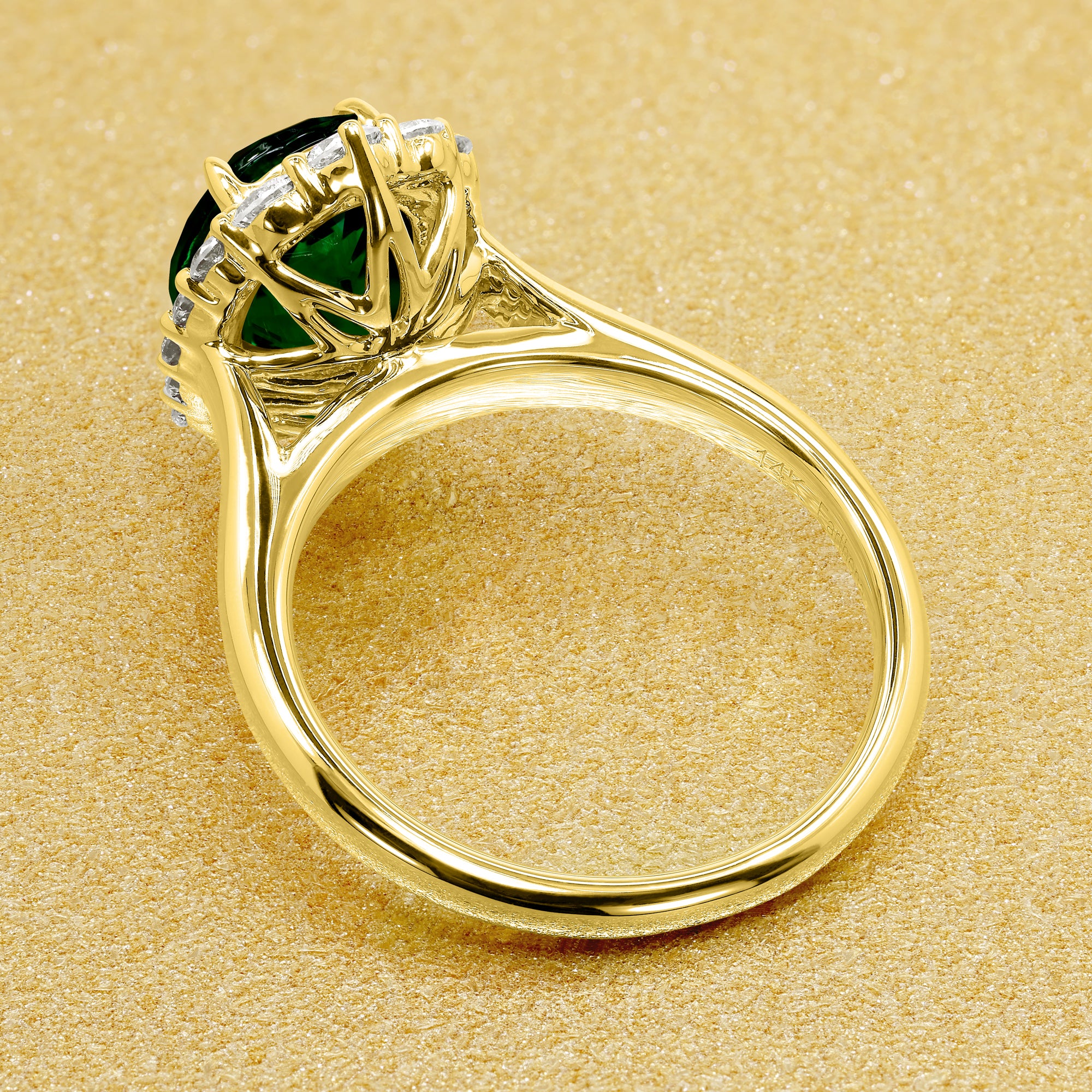 Gloria 1.5ct Elongated Lab-grown Oval-cut Green Emerald Halo Cathedral Engagement Ring in 14K Gold, 18K Gold, or Platinum by Earthena Jewelry of Beverly Hills.
