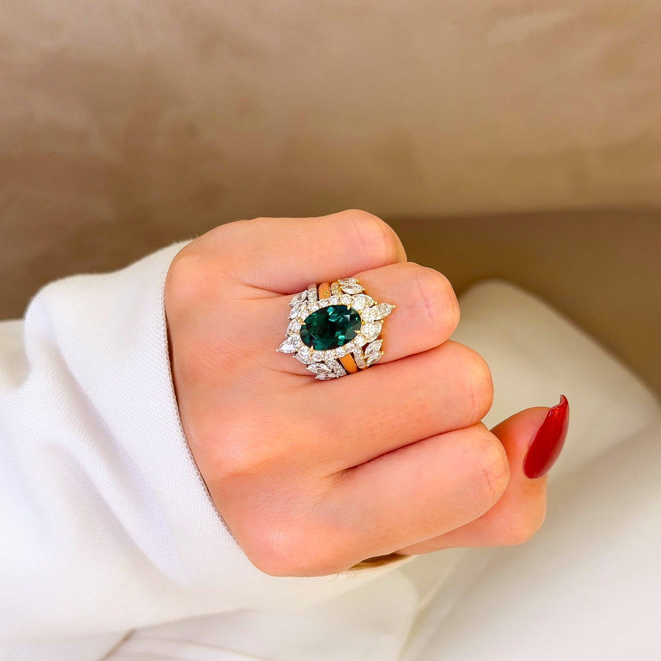 Gloria 3ct Oval Lab-Grown Zambia Green Emerald Trio Set with Dual Isabella V-Shaped Diamond Bands in 14K Gold, 18K Gold, or Platinum by Earthena Jewelry of Beverly Hills.