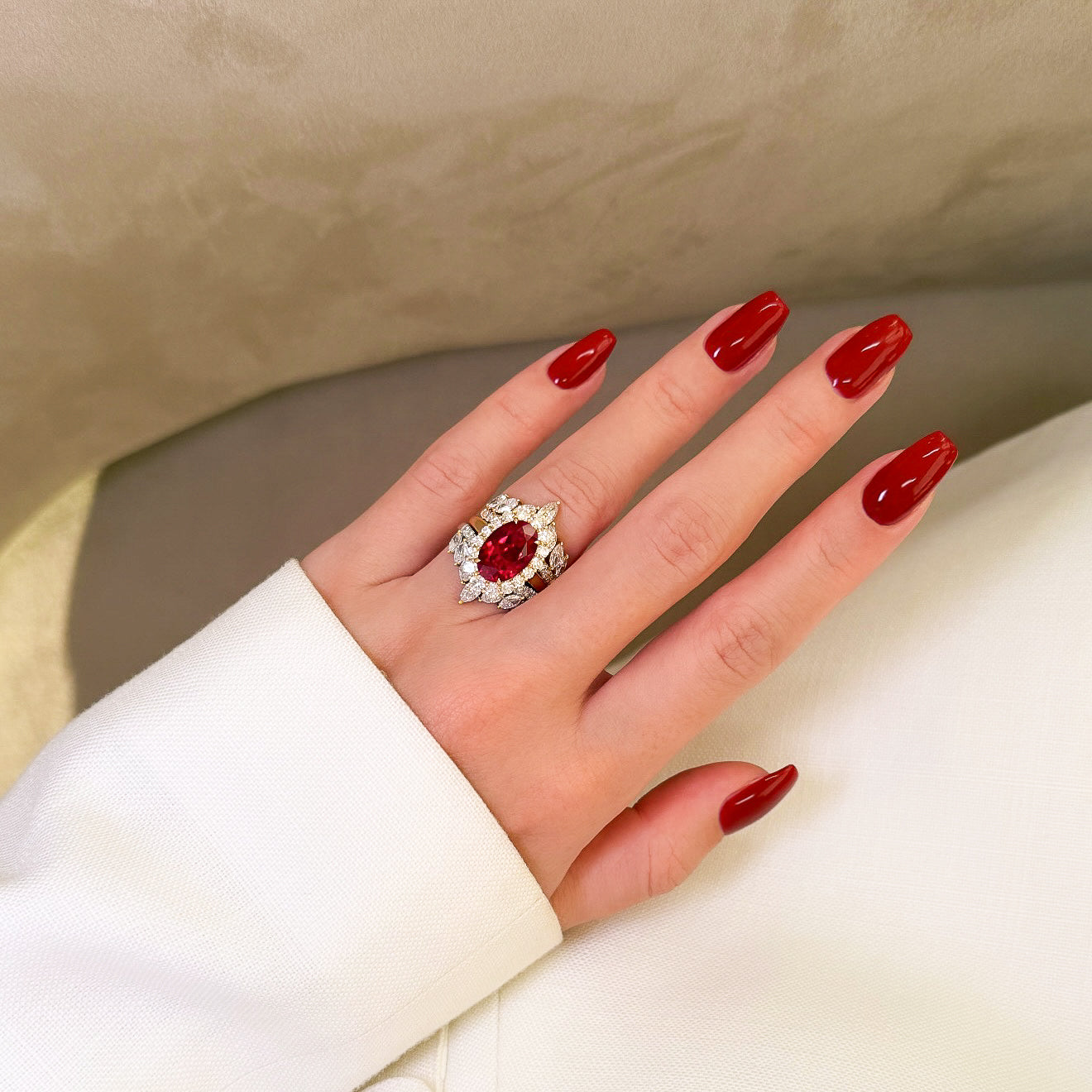 Gloria 4ct Oval Lab-Grown Ruby with Dual Isabella V-Shaped Diamond Bands in 14K Gold, 18K Gold, or Platinum by Earthena Jewelry of Beverly Hills.
