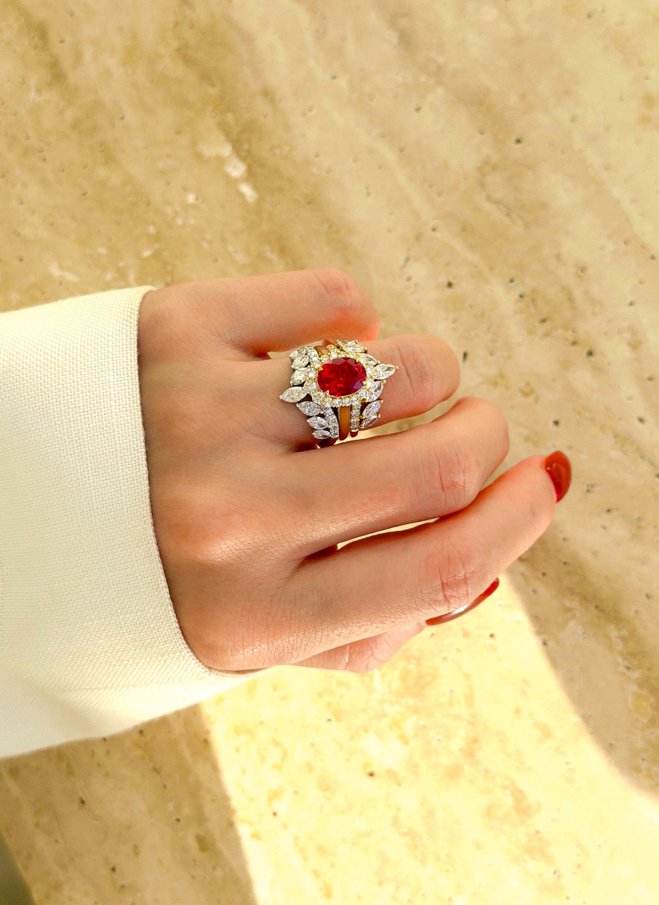 Gloria 4ct Oval Lab-Grown Ruby with Dual Isabella V-Shaped Diamond Bands in 14K Gold, 18K Gold, or Platinum by Earthena Jewelry of Beverly Hills.