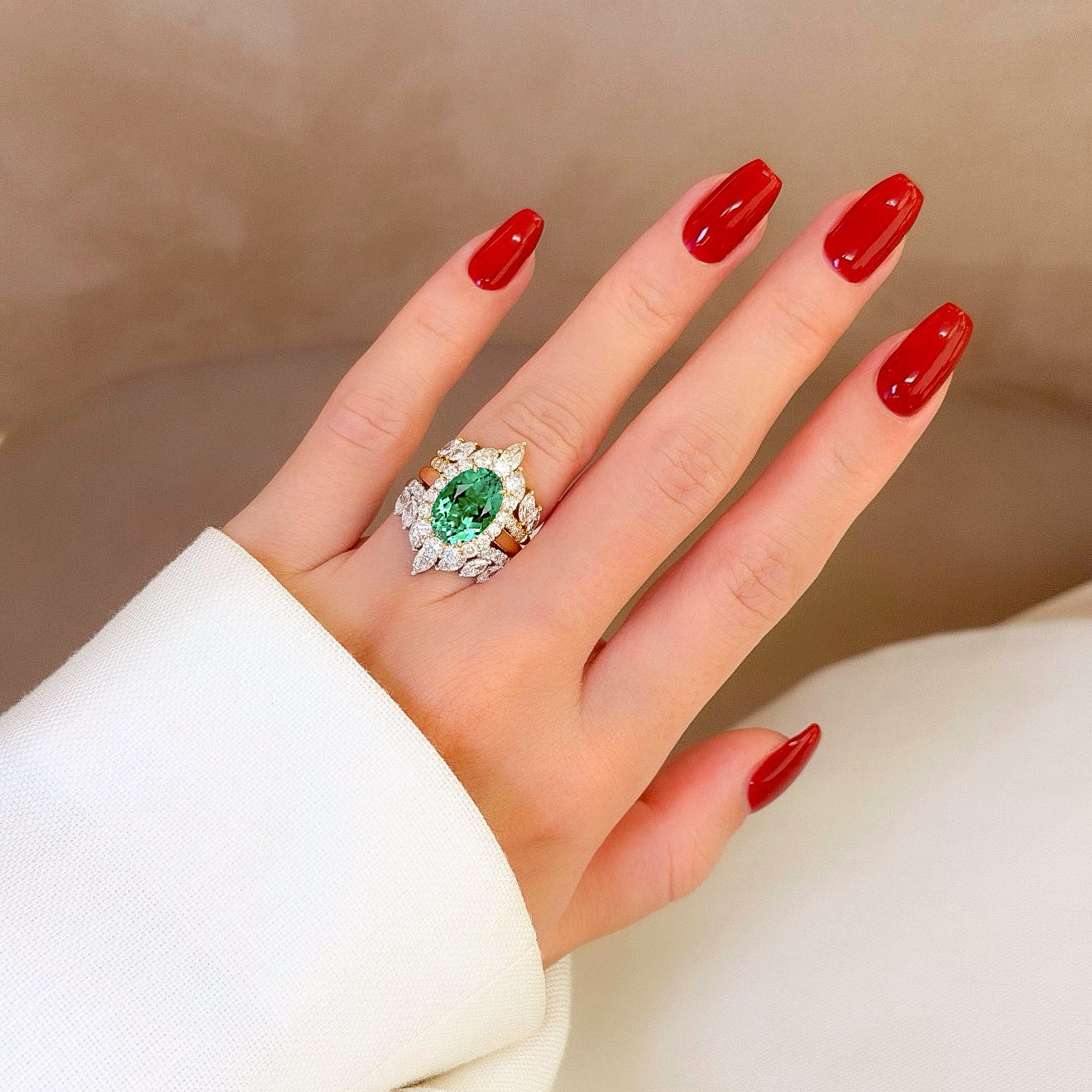 Gloria 3ct Oval Lab-Grown Colombia Green Emerald Trio Set with Dual Isabella V-Shaped Diamond Bands in 14K Gold, 18K Gold, or Platinum by Earthena Jewelry of Beverly Hills.