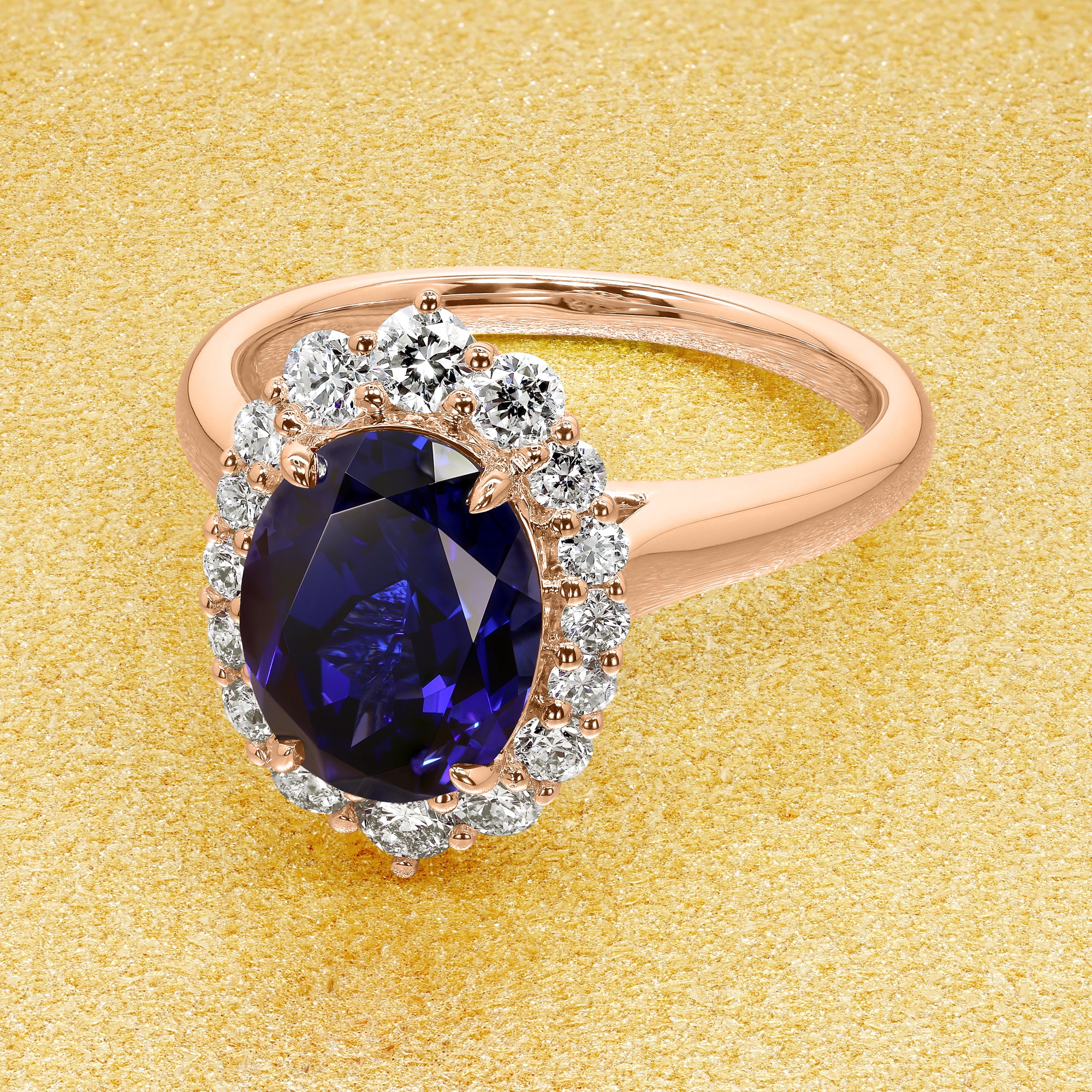 Gloria 2ct Lab-grown Oval-cut Royal Blue Sapphire Halo Cathedral Engagement ring in 14K Gold, 18K Gold, or Platinum by Earthena Jewelry of Beverly Hills.