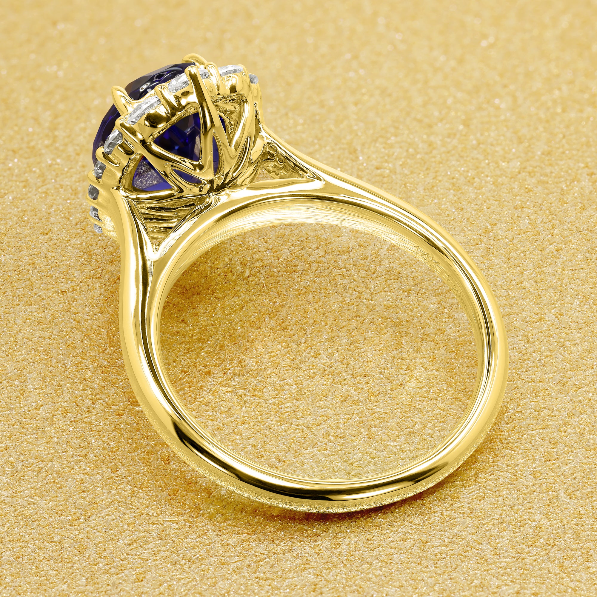 Gloria 2ct Lab-grown Oval-cut Royal Blue Sapphire Halo Cathedral Engagement ring in 14K Gold, 18K Gold, or Platinum by Earthena Jewelry of Beverly Hills.