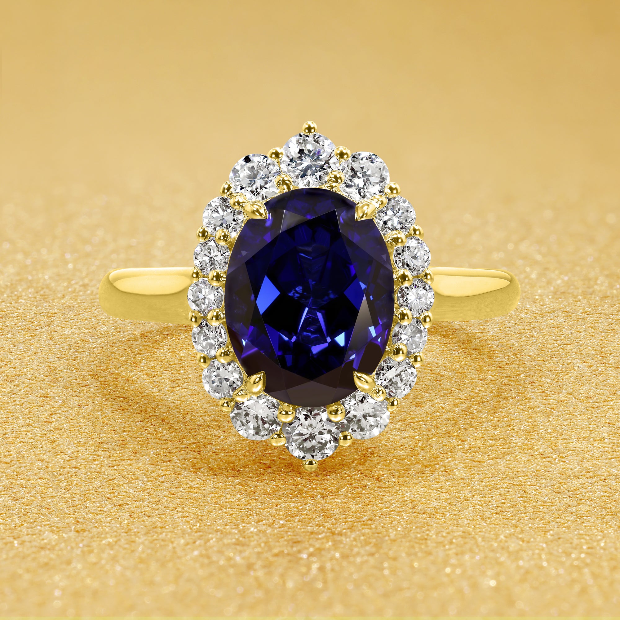Gloria 2ct Lab-grown Oval-cut Royal Blue Sapphire Halo Cathedral Engagement ring in 14K Gold, 18K Gold, or Platinum by Earthena Jewelry of Beverly Hills.