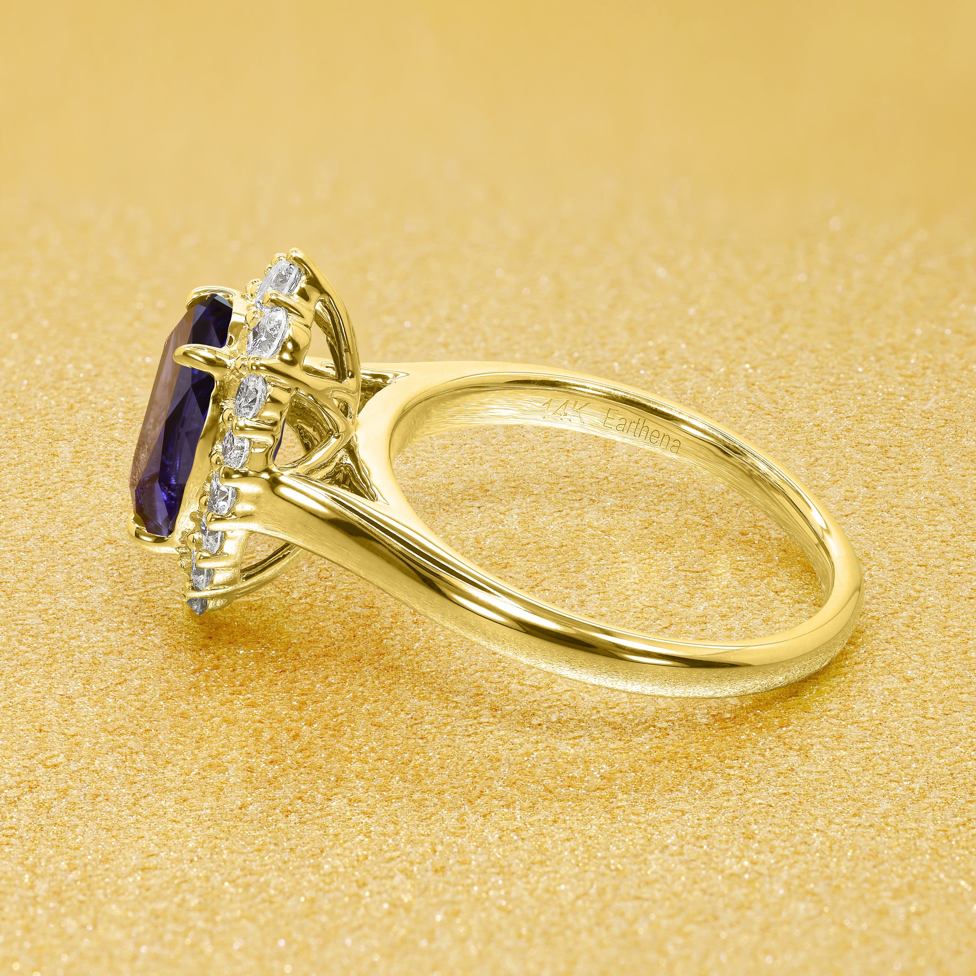 Gloria 2ct Lab-grown Oval-cut Royal Blue Sapphire Halo Cathedral Engagement ring in 14K Gold, 18K Gold, or Platinum by Earthena Jewelry of Beverly Hills.
