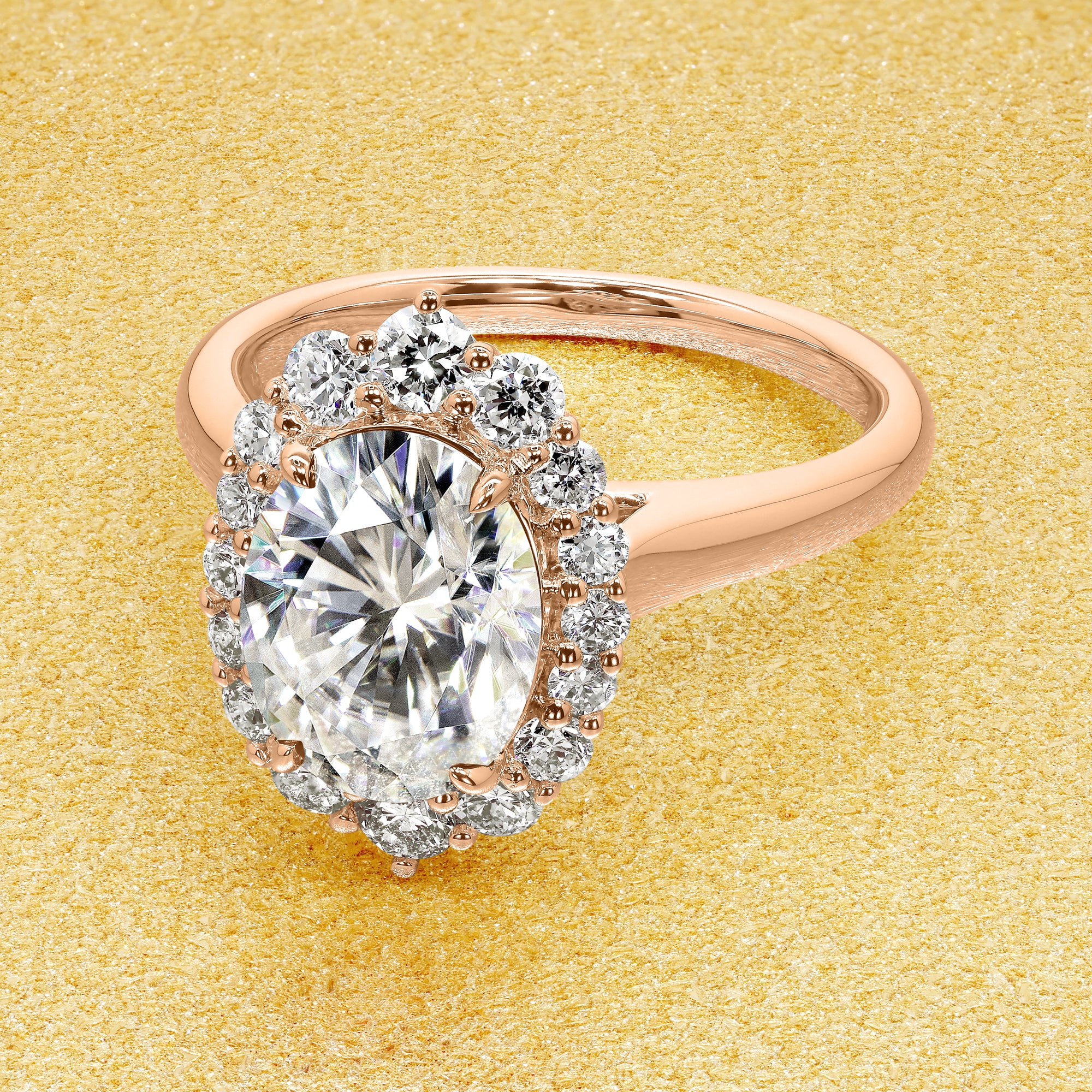 Gloria 2ct Oval-cut Moissanite Halo Cathedral Engagement ring in 14K Gold, 18K Gold, or Platinum by Earthena Jewelry of Beverly Hills.