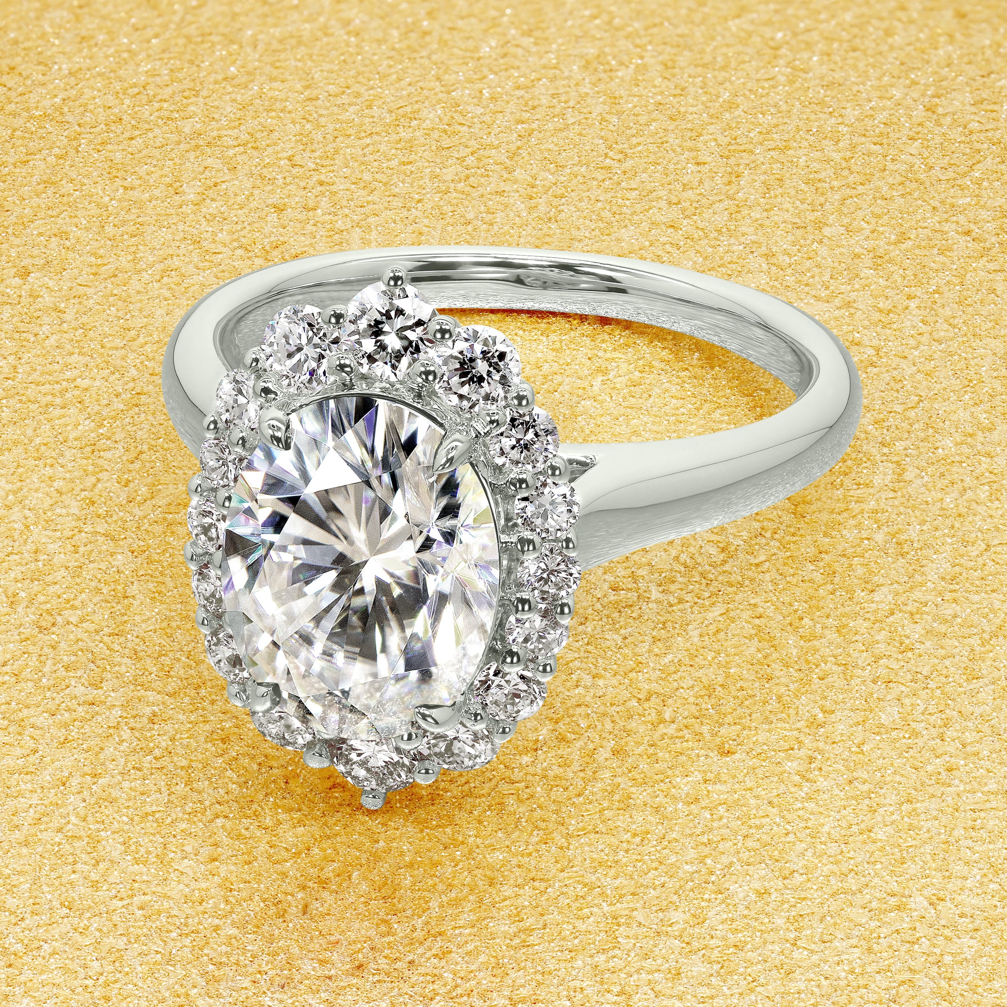 Gloria 2ct Oval-cut Moissanite Halo Cathedral Engagement ring in 14K Gold, 18K Gold, or Platinum by Earthena Jewelry of Beverly Hills.