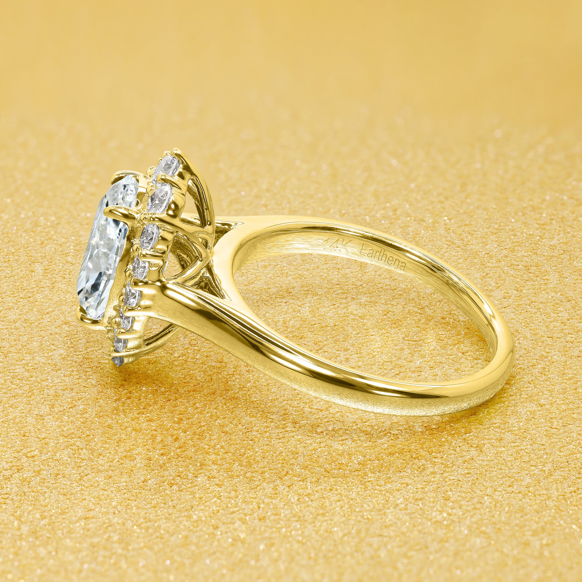 Gloria 2ct Oval-cut Moissanite Halo Cathedral Engagement ring in 14K Gold, 18K Gold, or Platinum by Earthena Jewelry of Beverly Hills.
