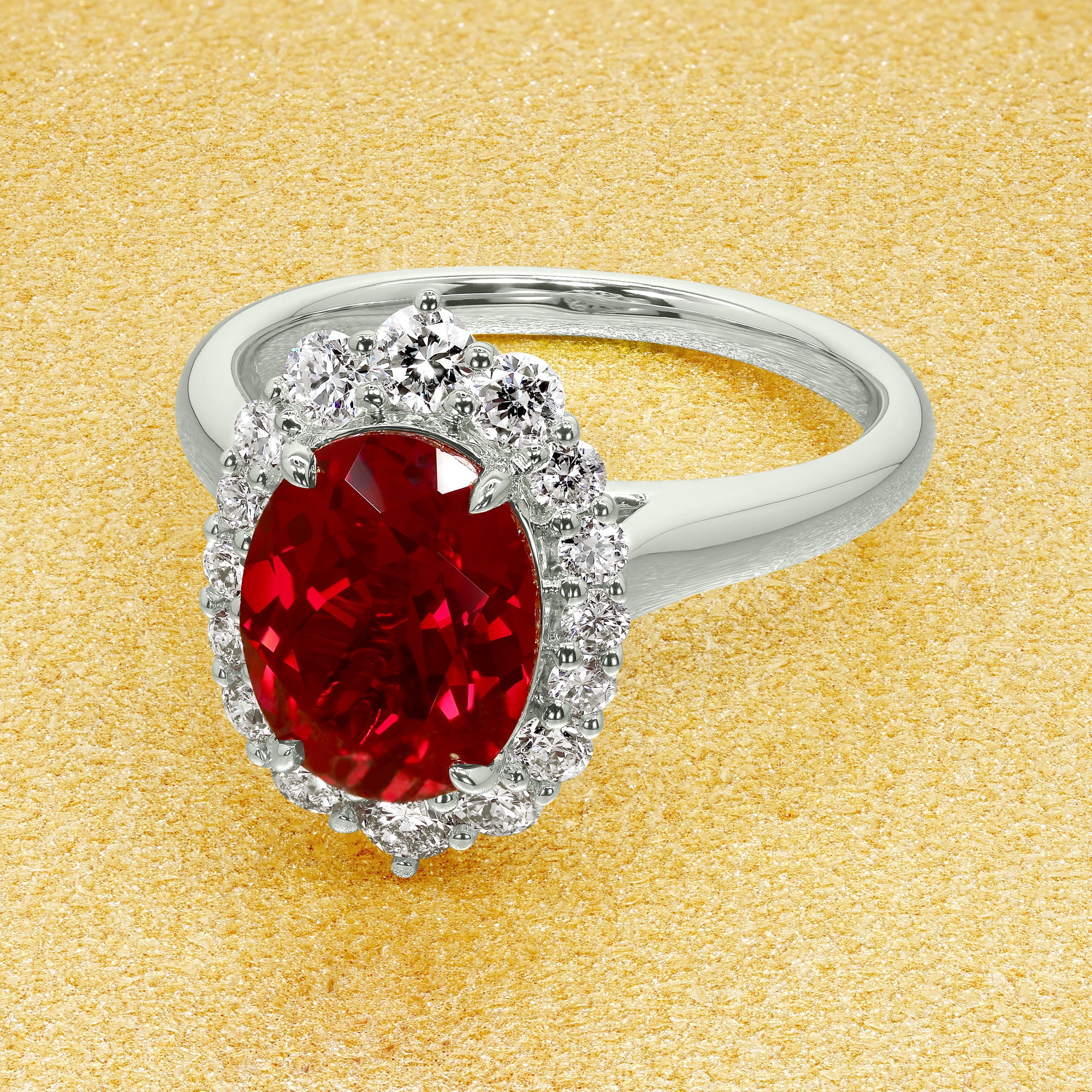 Gloria 2ct Oval Lab-Grown Ruby Halo Cathedral Engagement Ring in 14K Gold, 18K Gold, or Platinum by Earthena Jewelry of Beverly Hills.