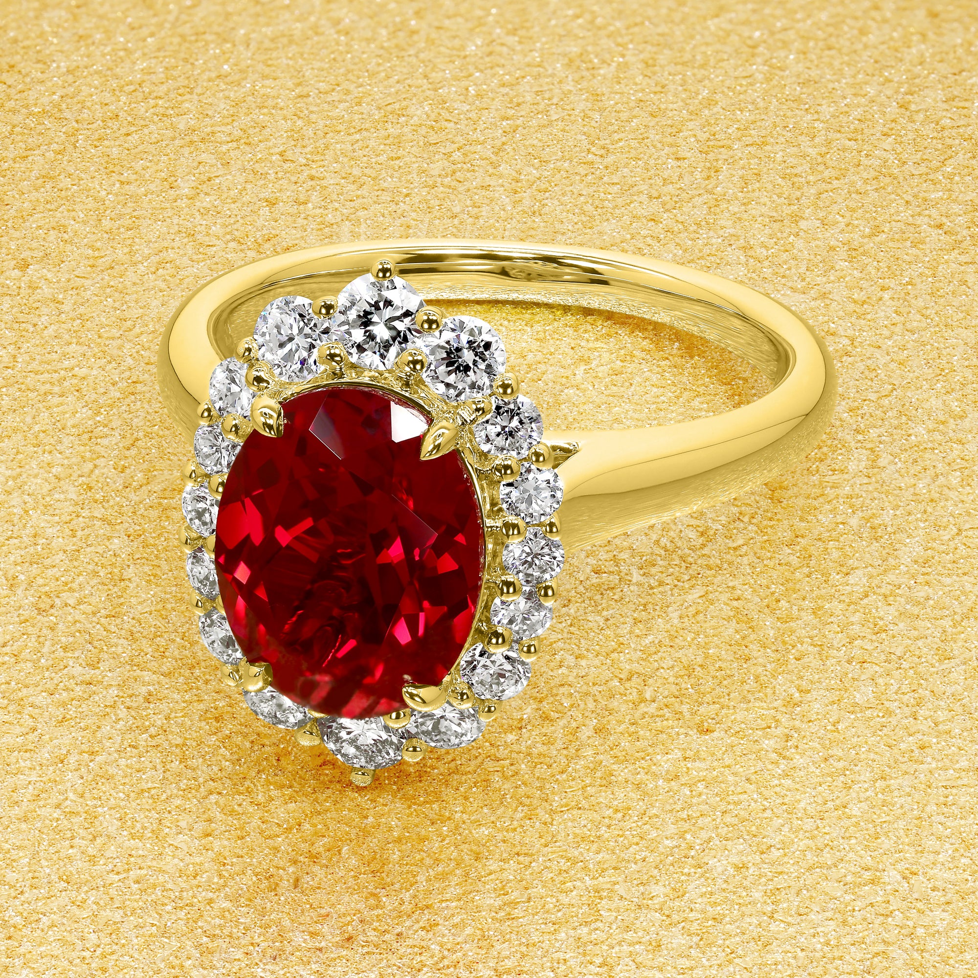 Gloria 2ct Oval Lab-Grown Ruby Halo Cathedral Engagement Ring in 14K Gold, 18K Gold, or Platinum by Earthena Jewelry of Beverly Hills.