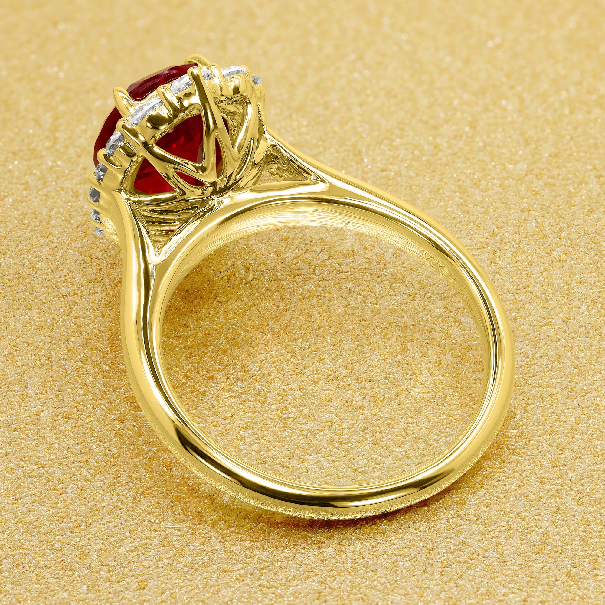 Gloria 2ct Oval Lab-Grown Ruby Halo Cathedral Engagement Ring in 14K Gold, 18K Gold, or Platinum by Earthena Jewelry of Beverly Hills.